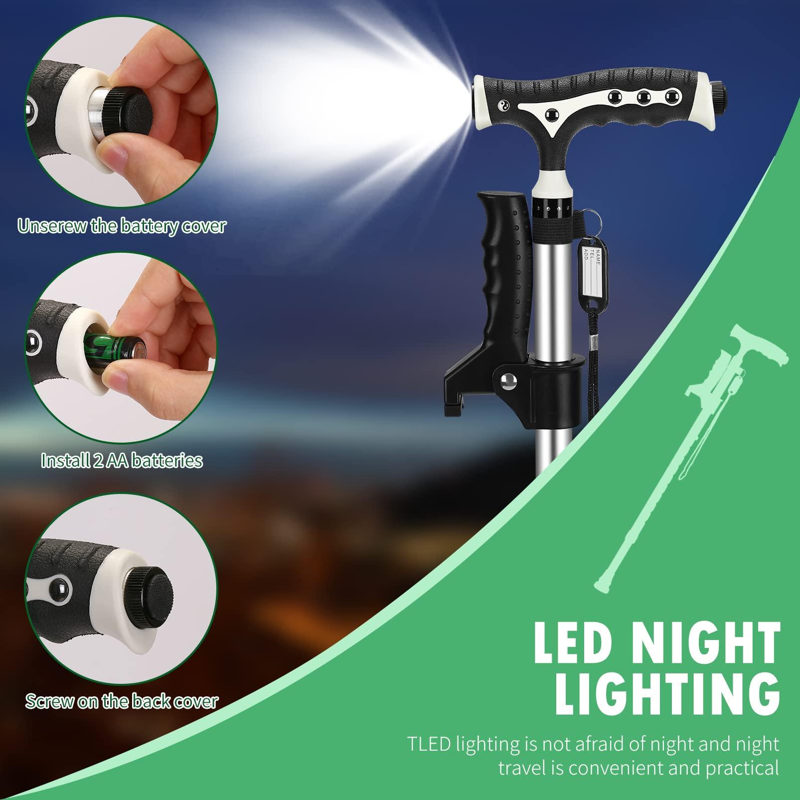 Yayayo Hold 440 Lbs Walking Cane for Men & Women Aluminum Alloy Lightweight Height Adjustable Walking Stick Heavy Duty Foldbale Free Standing Cane with LED for Seniors Adults Black