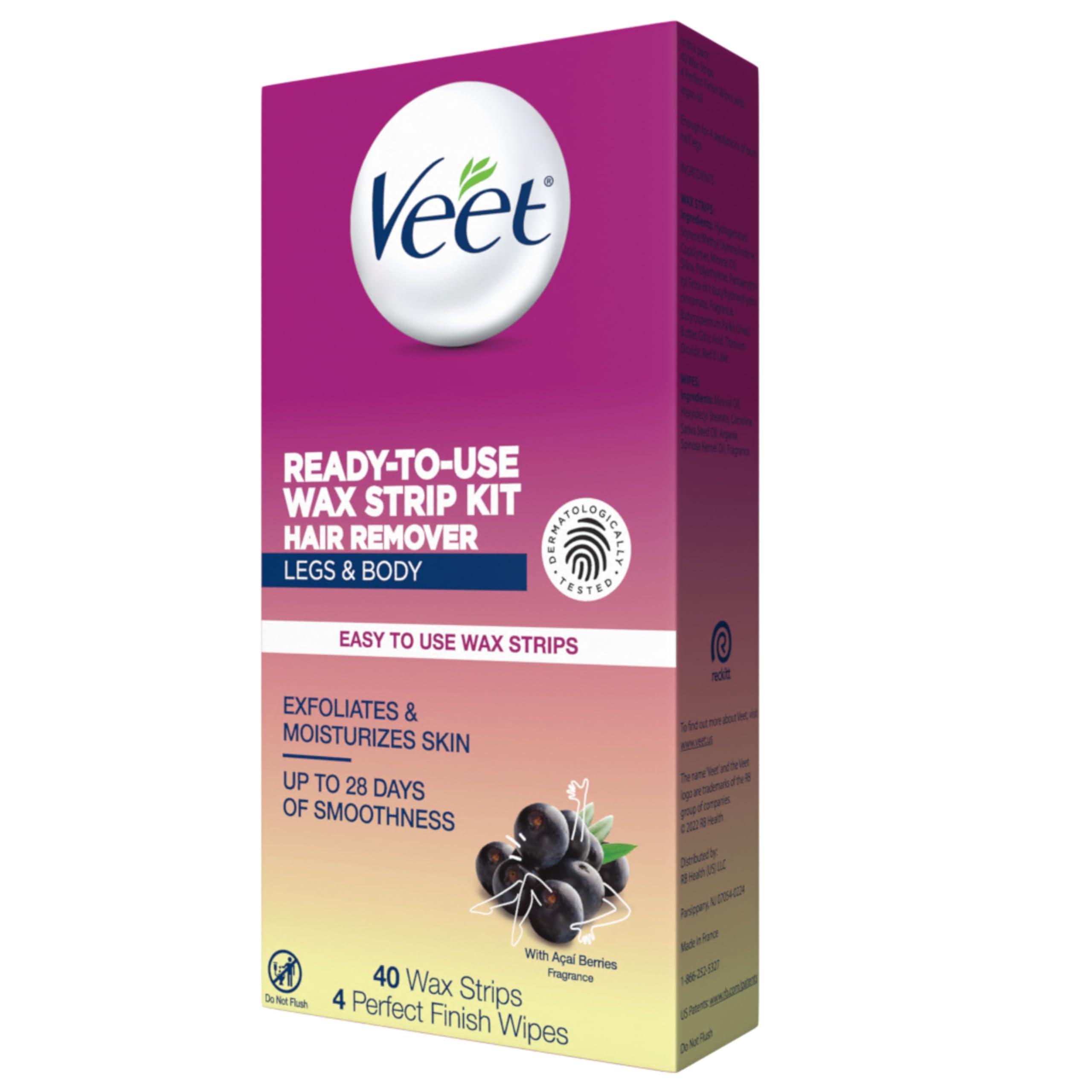 Veet Veet Ready-To-Use Waxing Kit For Women | Wax Strips For Body Hair Removal, Wax Kit For Ingrown Hair Treatment, Personal Care Product, Hair Remover | 40ct Waxing Strips, 4ct Body Wipes