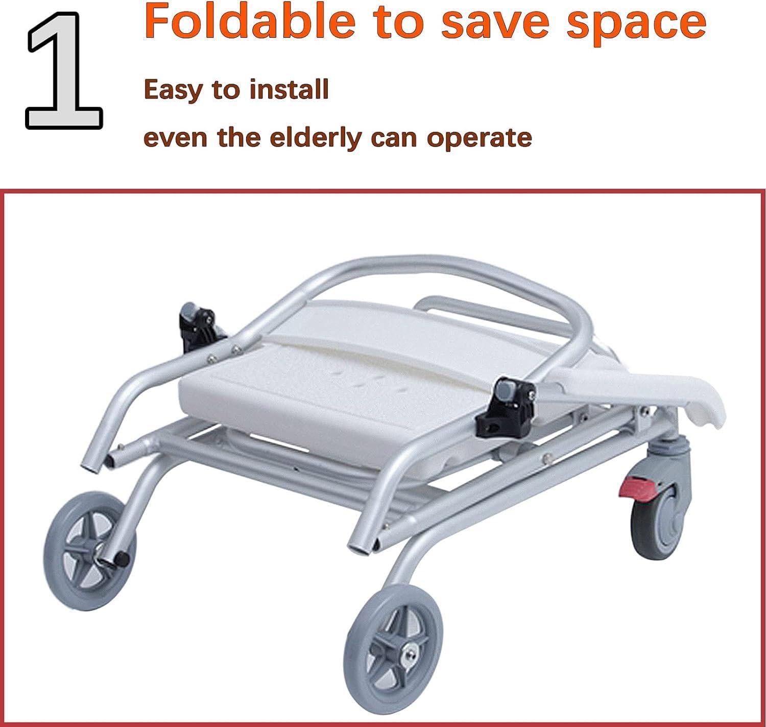 WETOBO Wheel Chair Shower Bath Stool Foldable with Wheels for Elderly and Disabled, Shower Stool with Flip-up Arms and Ergonomic Back - Wheelchair + Shower Chair Two in One