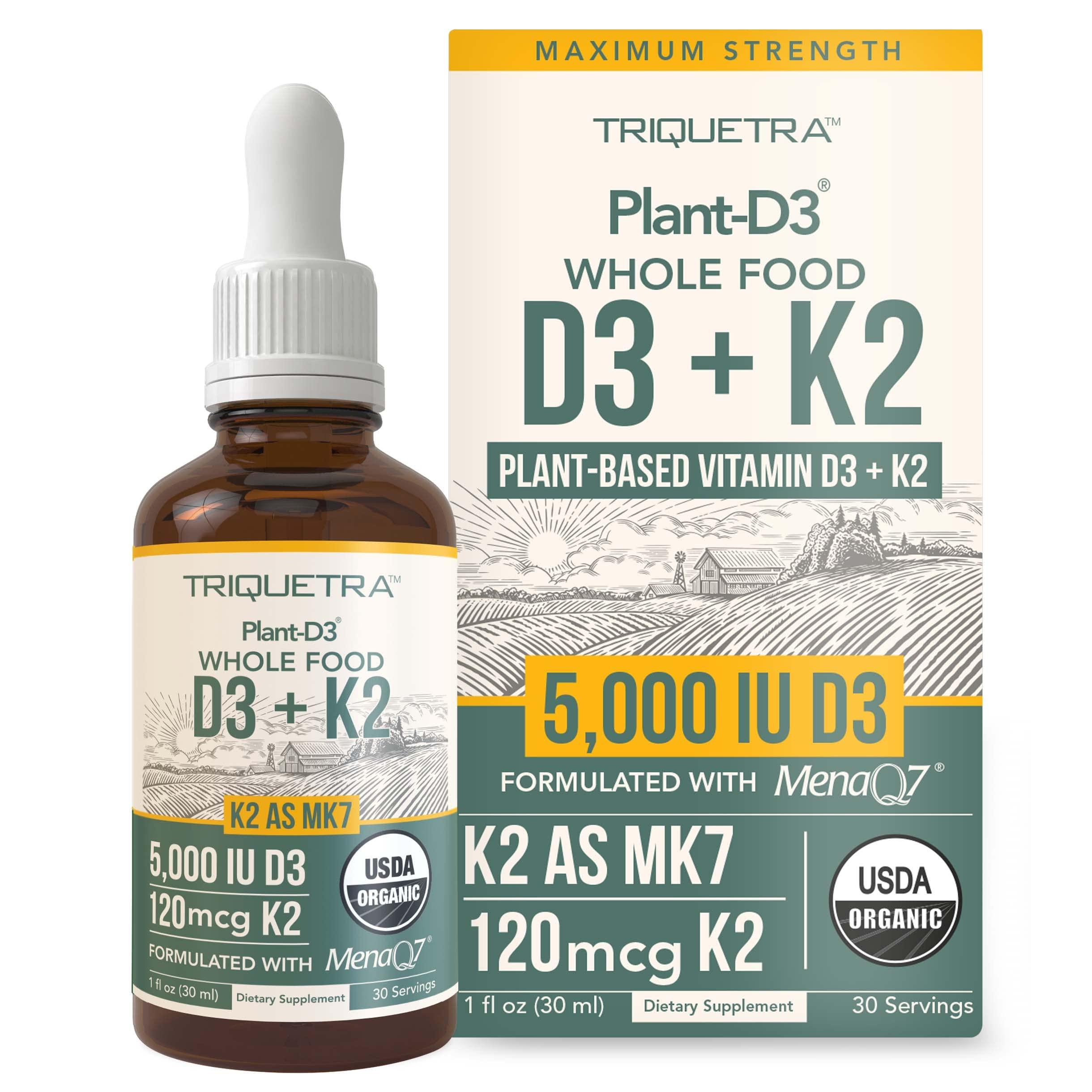 Triquetra Health Organic Plant D3 + K2 (5000 iu D3) - All-Trans MK7 from MenaQ7 (120 mcg K2) - 100% Organic & Plant-Based Sublingual D3 Drops (Cholecalciferol), 100% Vegan - Supports Immunity, Bone(1oz)