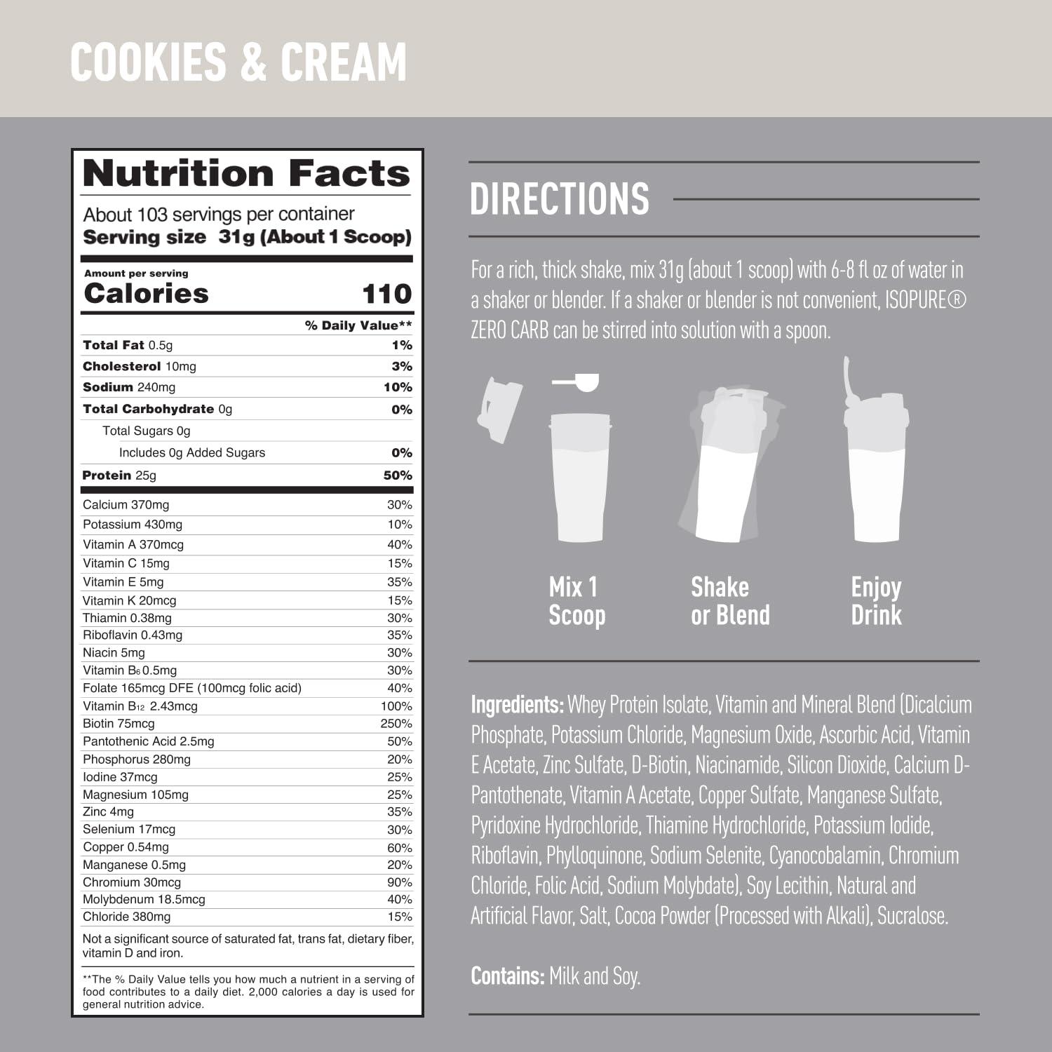 Isopure Isopure Zero Carb 100% Pure Whey Isolate Protein Powder, Lactose Free, Gluten Free, With Vitamins, Cookies & Cream, 25g Protein Per Serving, 7.5 Lbs, 110 Servings