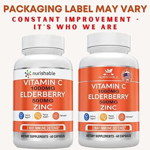 nurishable Elderberry with Zinc and Vitamin C For Adults - Vitamin C 1000mg Capsules with Zinc 50mg & Elderberry for Immune Support & Antioxidant Protection - Easy To Swallow, Non-GMO - 60 Veggie Capsules