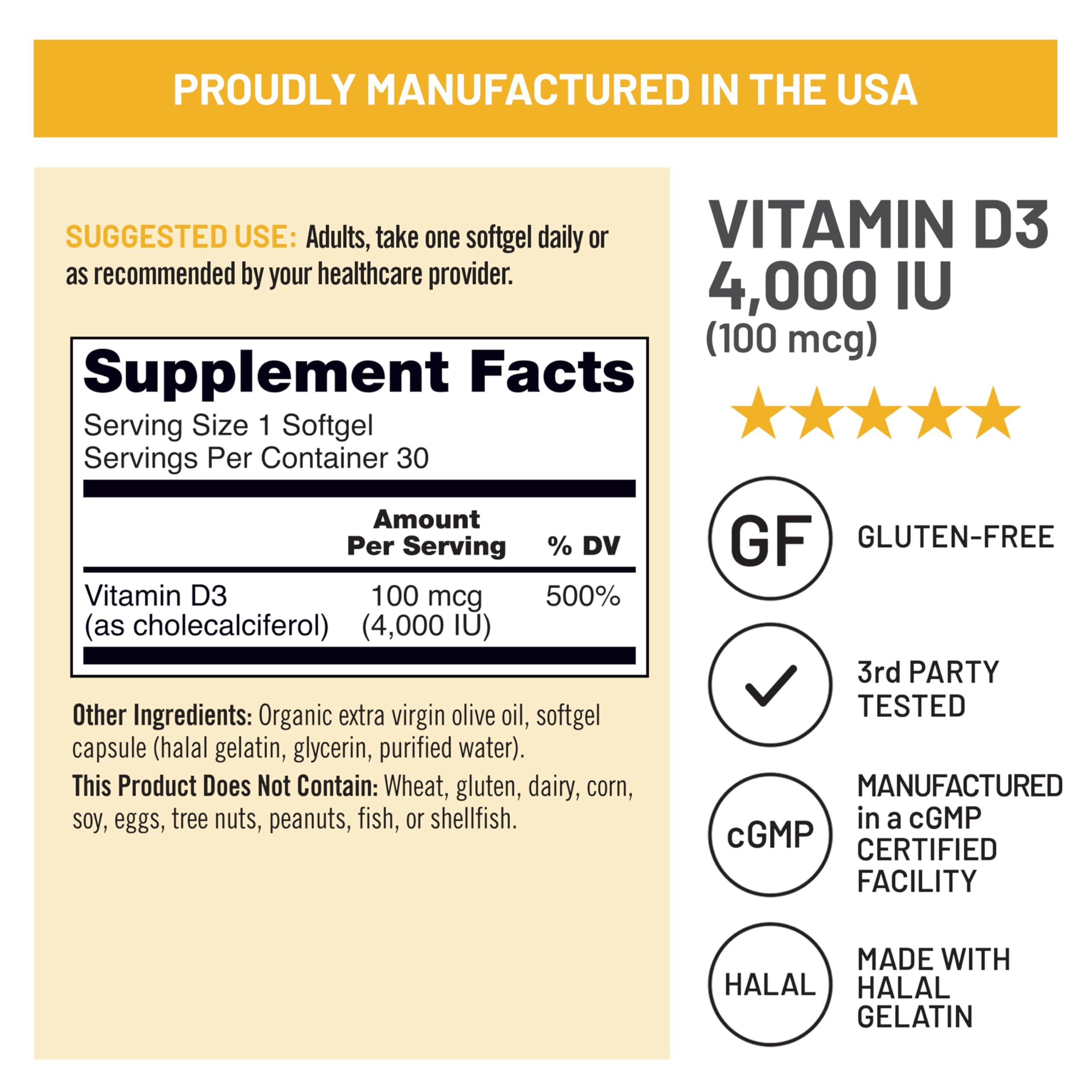 NatureWise NatureWise Vitamin D3 4000iu (100 mcg) 30-Day Supply for Immune Support, Healthy Muscle Function, and Bone Health - Non-GMO, Gluten Free in Organic Extra Virgin Olive Oil, (Mini Softgel), 30 Count