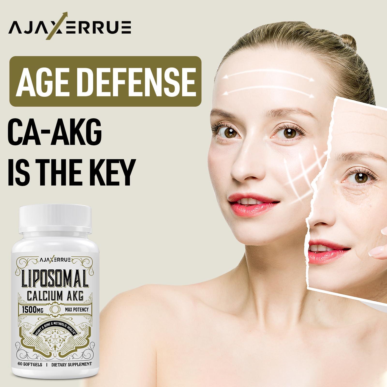 AJAXERRUE Liposomal Calcium AKG Supplement 1500 MG (Alpha-Ketoglutaric Acid), High Absorption, More Effective Than AAKG, Ca AKG for Longevity, Age Defense, Cellular Energy, Metabolic Function, 60 Softgels