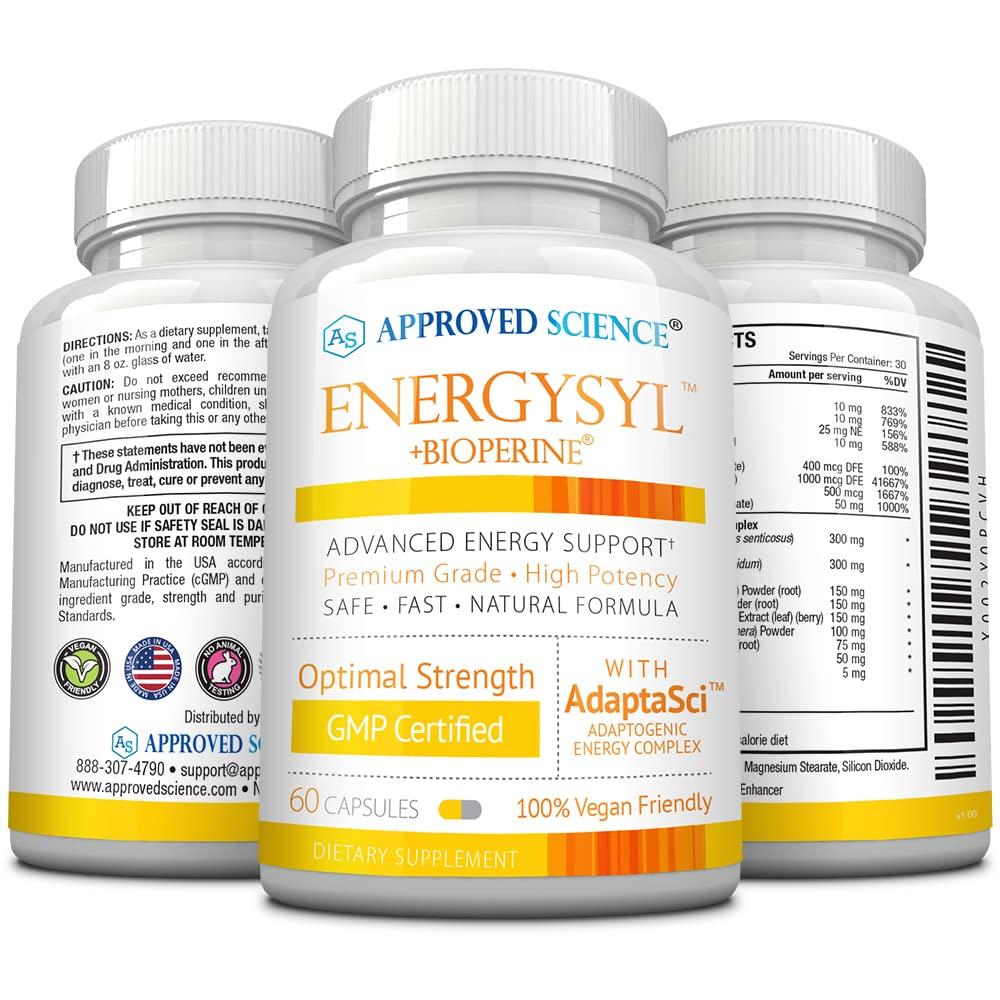 Approved Science Approved Science Energysyl - Caffeine Free - with Adaptogens, B Vitamins, and Bioperine - 3 Month Supply - 180 Capsules