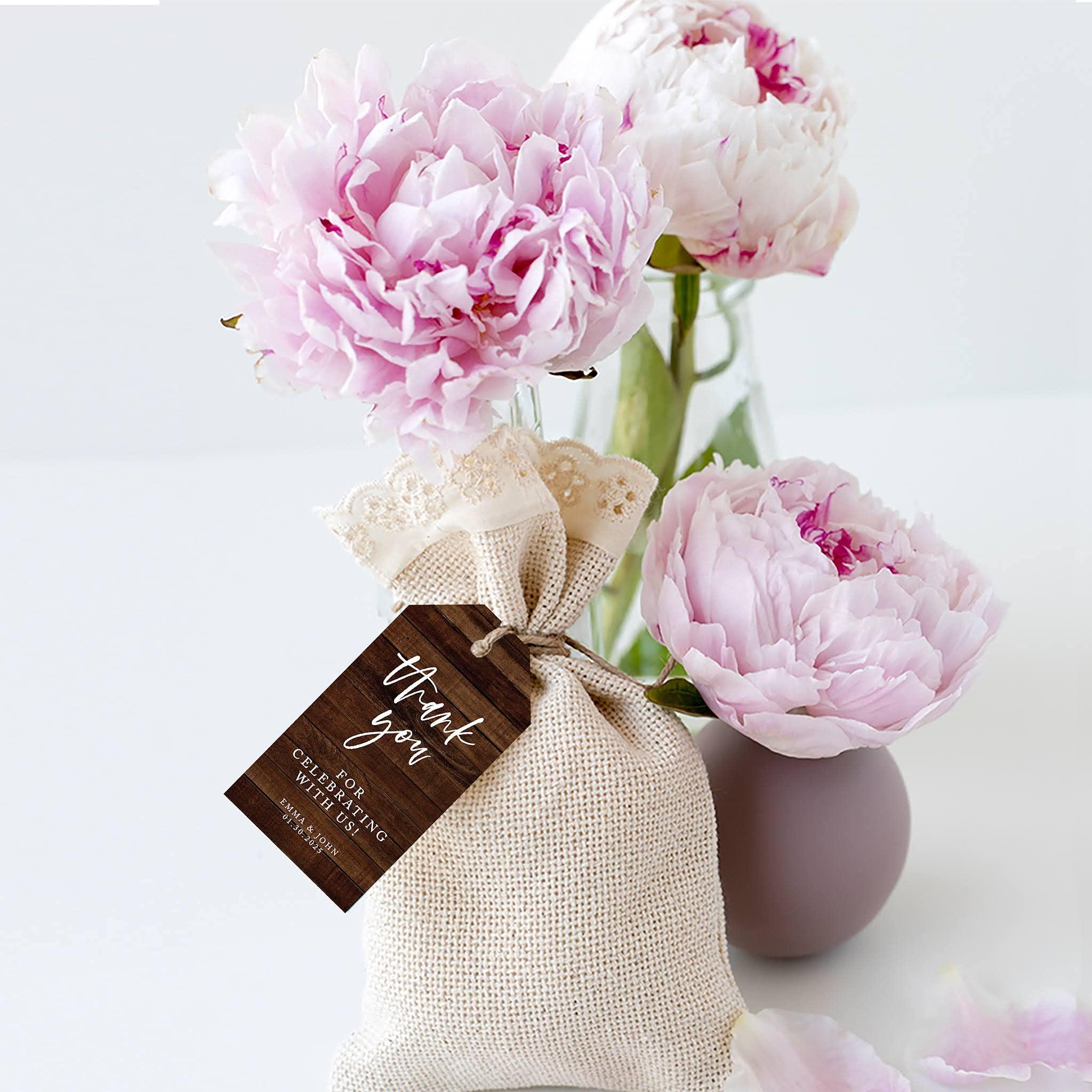 Andaz Press Andaz Press 100-Pack Personalized Thank You for Celebrating with Us Wedding Favor Tags with Bakers Twine Rustic Wood Custom Cardstock Wedding Gift Tags for Wedding Party Favors 2 x 3.75-Inches