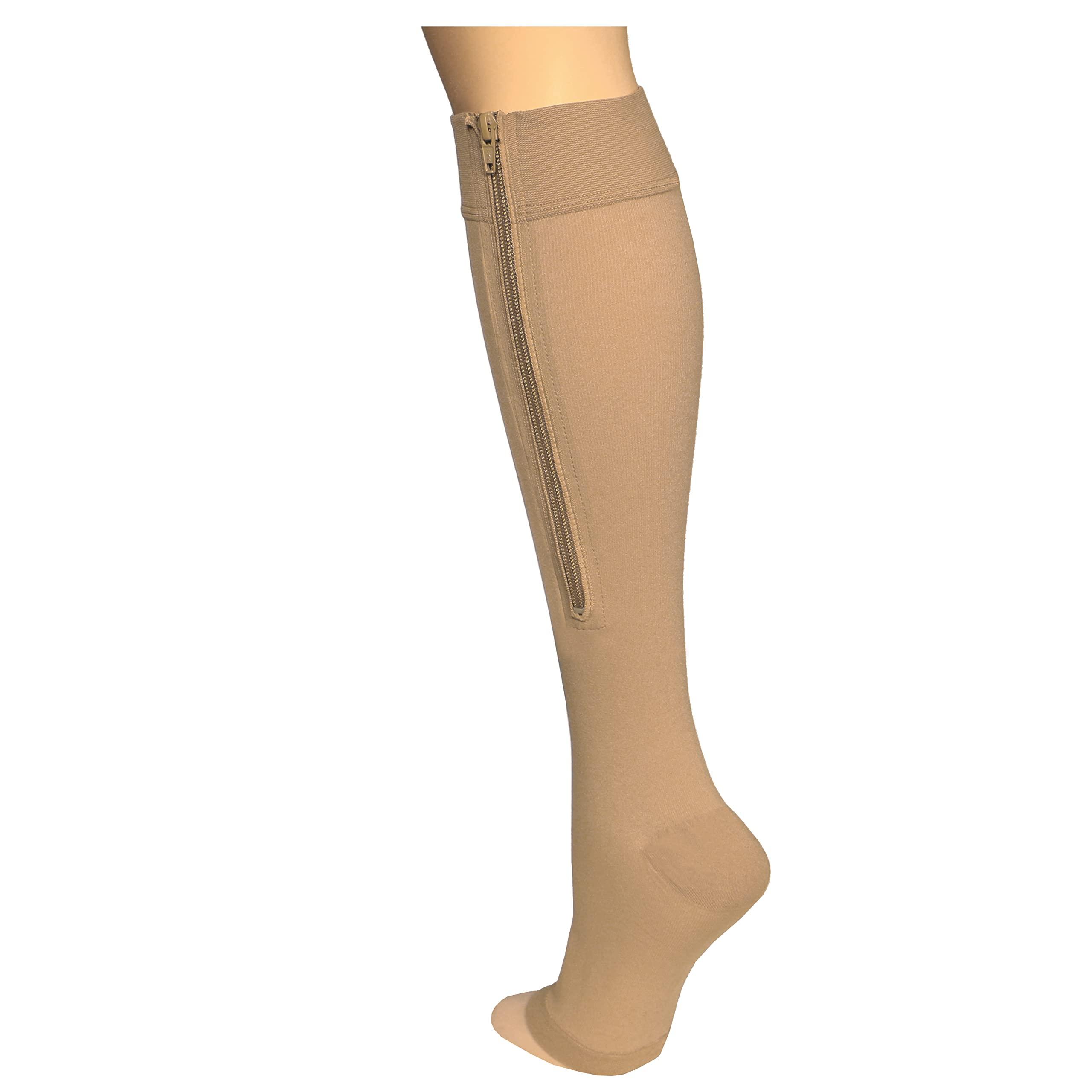 Truform Truform Zipper Compression Stockings, 15-20 mmHg Medical Socks, Women and Men, Knee High, Open Toe, Beige, Medium