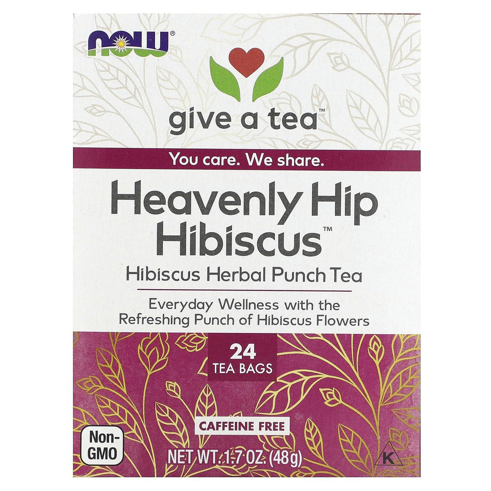 NOW NOW Give a Tea®, Heavenly Hip Hibiscus™, Hibiscus Herbal Punch Tea, Everyday Wellness with the Refreshing Punch of Hibiscus Flowers, Caffeine Free, 24 Tea Bags