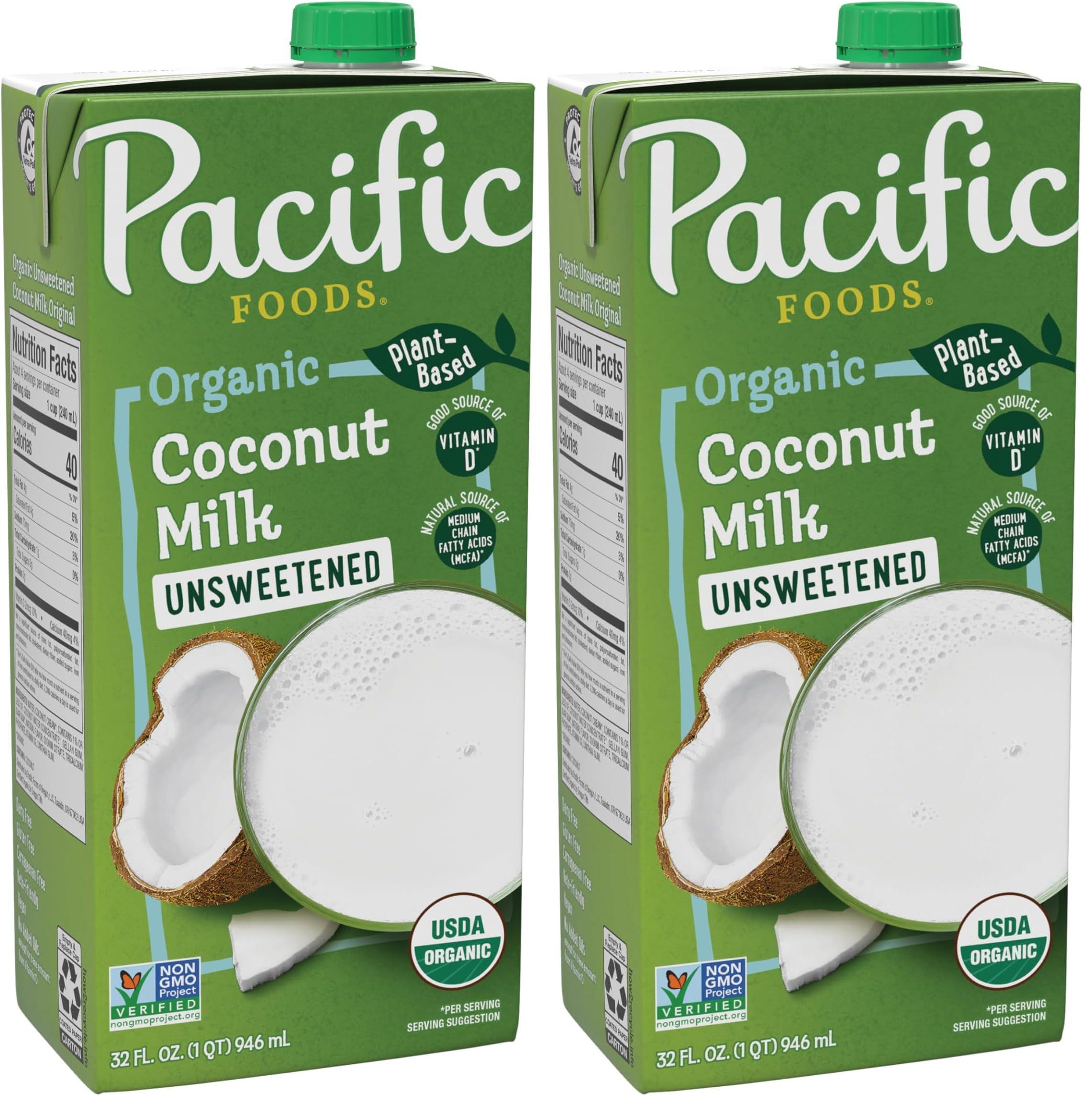 Pacific Foods Pacific Foods Organic Unsweetened Coconut Milk, Plant Based Milk, 32 oz Carton (Pack of 2)