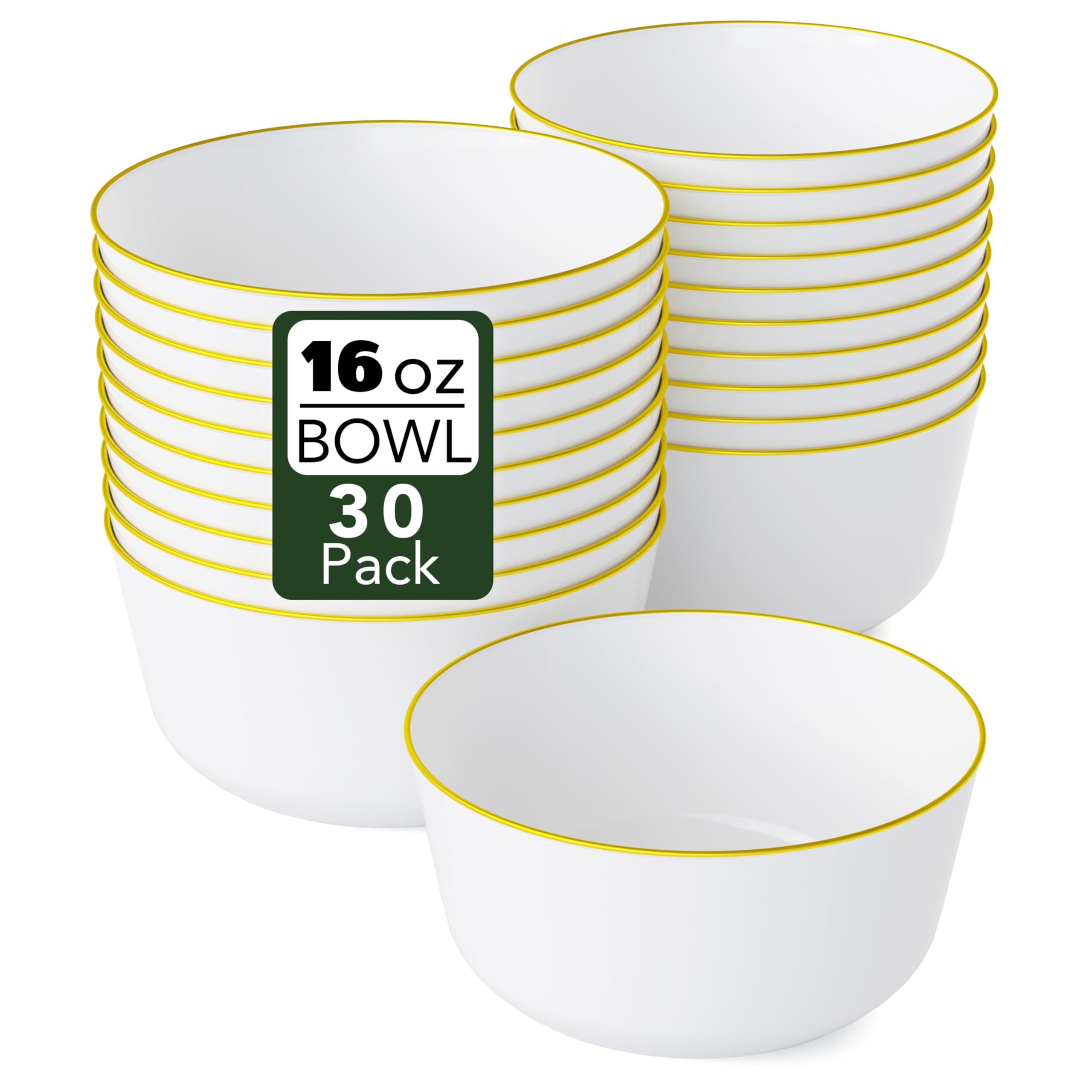 Trendables White With Gold Rim Plastic Bowls Disposable - 16 Oz Plastic Bowl 30 Count - Disposable Soup Bowls - Large Plastic Bowls - Heavy Duty Cereal Bowl - Plastic Serving Bowls For Weddings And Parties