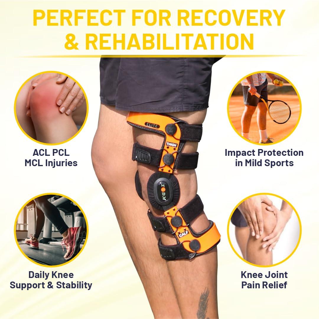 KGOI KGOI ELITE Knee Support Brace, Flexible, Adjustable with Stainless-Steel Gear Hinges for Ligament, Sports Injuries, Arthritis, Pain Relief, for Men and Women, Orange, Size 10