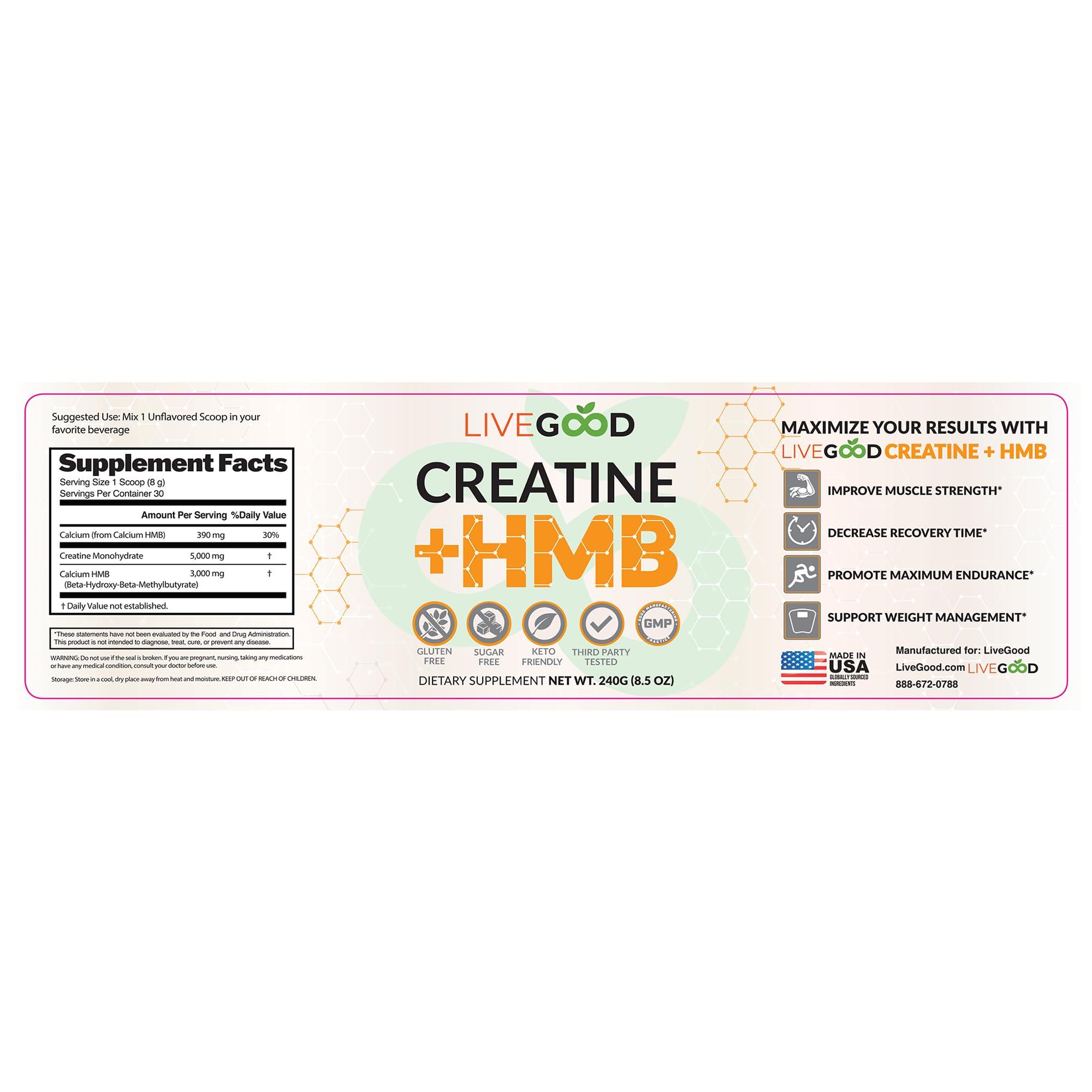 LIVEGOOD LIVEGOOD Creatine Plus HMB Supplement, 3g HMB for Muscle Strength & Recovery, 8.5oz.
