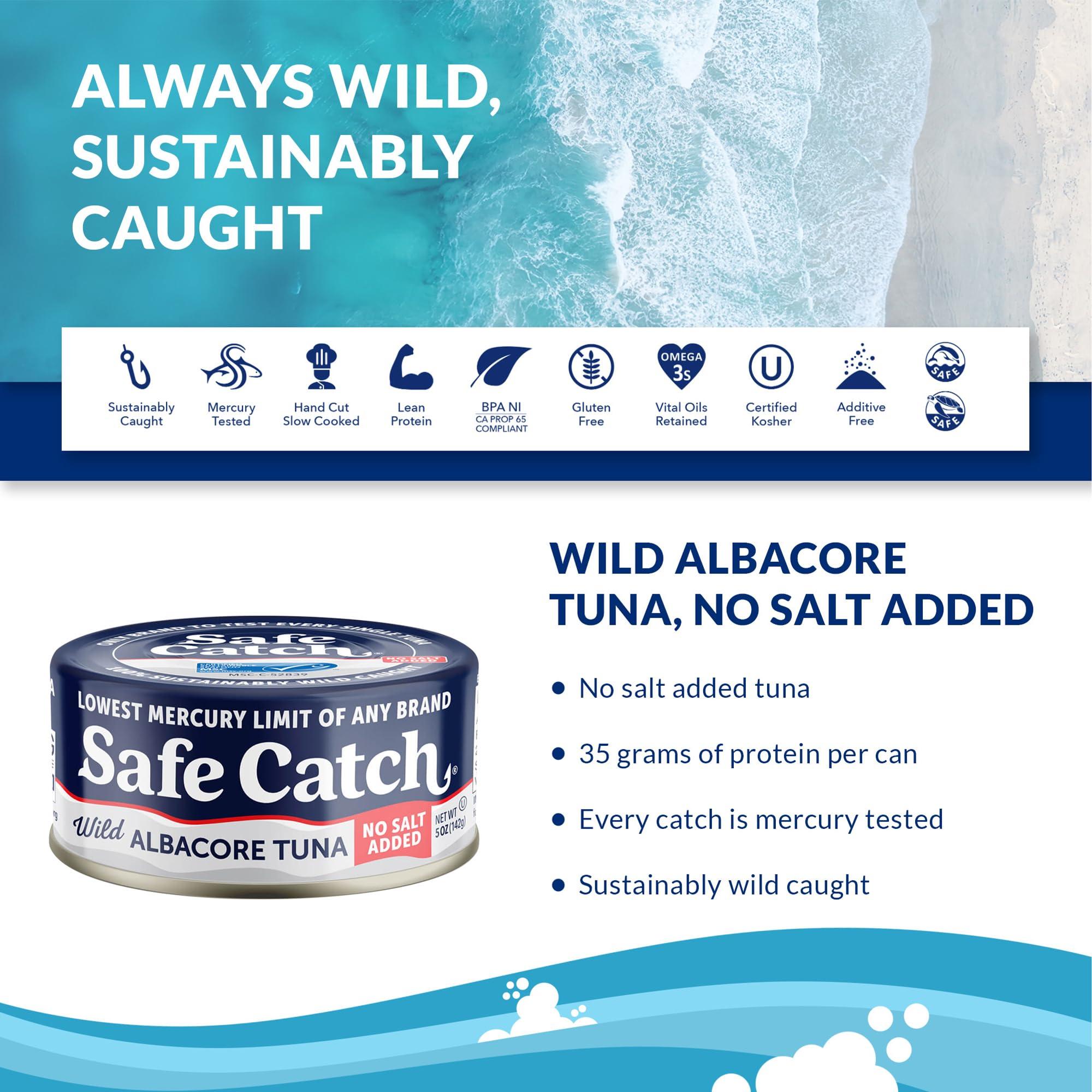 Safe Catch Safe Catch Canned Lowest Mercury Limit Albacore Tuna Fish No Salt Added, Wild Caught, Gluten-Free, Kosher, Whole30 Approved, Keto, 5oz Can, 6-Pack