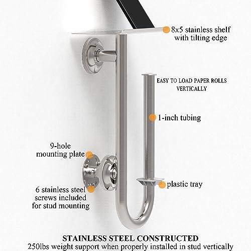 AquaChase AquaChase 3-in-1 Toilet Safety Grab Bar with Built-in Tissue Paper Holder and Phone Shelf, for 2 Mega Rolls, 250lbs Weight Support When Mounted in Stud, White Right-Hand