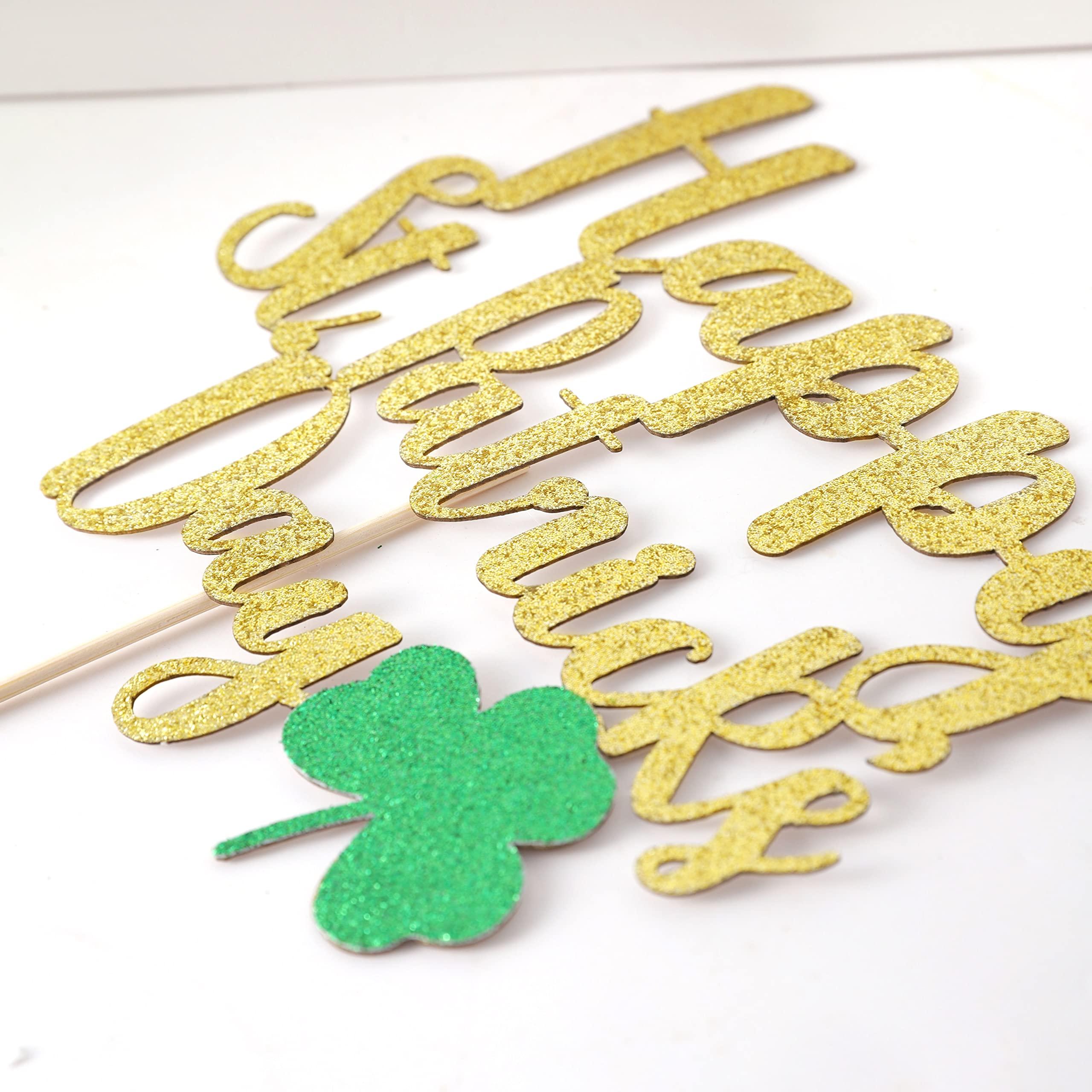 BOOMPA St Patrick’s Day Birthday Cake Topper - Lucky St Paddy’s Day Four Leaf Clover - Irish Themed Cake Decorations - Lucky 1st Happy Birthday For Gold Cake Flag - Best Photo Booth Props (St Patrick’s Day)