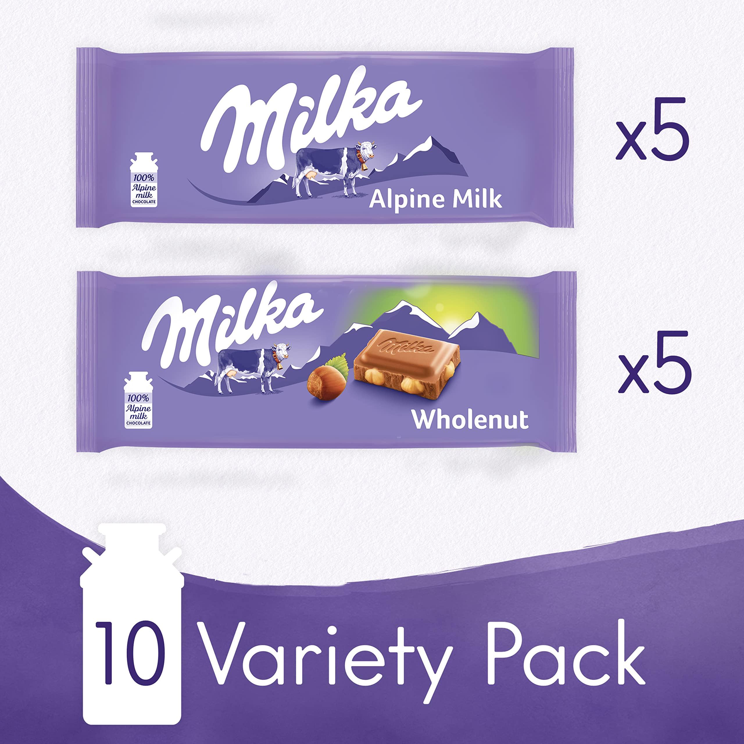 Milka Milka European Chocolate Bars Variety Pack, Alpine Milk Chocolate & Wholenut Hazelnut Chocolate, 10 - 3.52 oz Bars