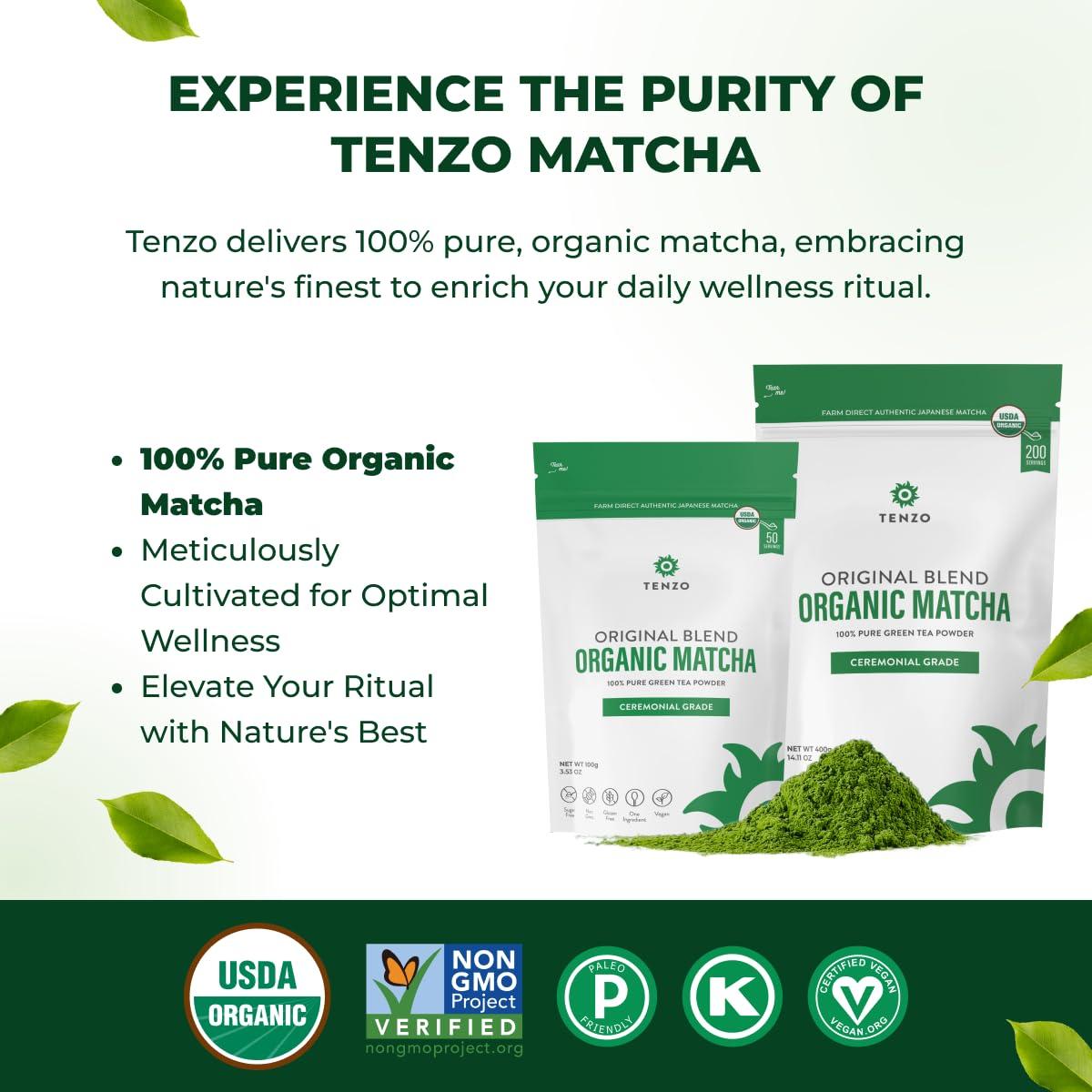Tenzo Tea Tenzo Matcha Green Tea Powder - Matcha Powder USDA Organic Ceremonial Grade Macha Powder Paleo, Kosher, Vegan Authentic Japanese Matcha Tea - Original Matcha Latte Powder (14.11 Ounce)
