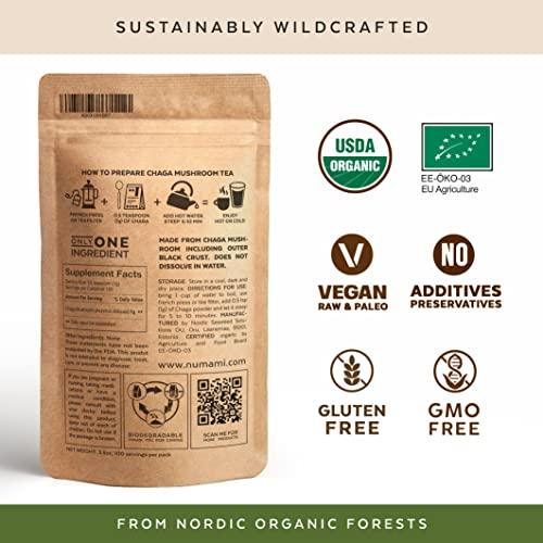 Numami Organic Chaga Mushrooms Powder - Fine Powder to Make Chaga Tea for Immune Defense and More Energy, Organic Chaga is Wild Grown and Sustainably Harvested in Europe, Certified USDA Organic, 100 servings