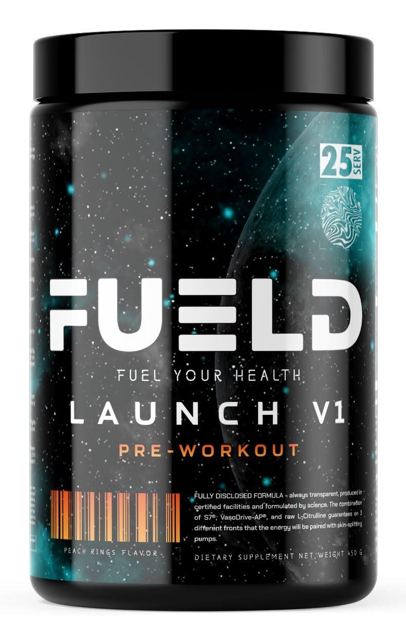FUELD FUELD Launch V1 Pre-Workout, Insane Energy Blend, Out of This World Pump Matrix, 6g Raw L-Citrulline, 254mg Vaso Drive AP, 350mg Caffeine, 450g, 25 servings, Peach Rings