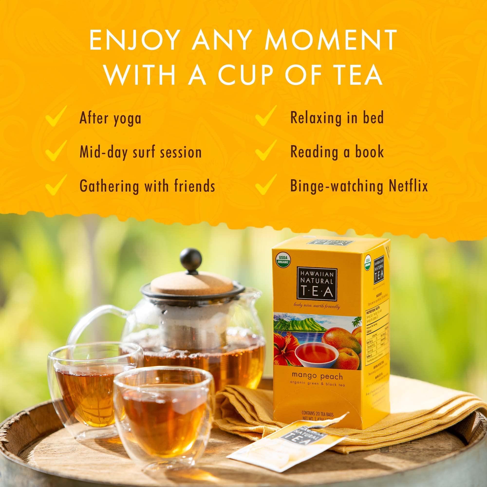 HAWAIIAN NATURAL T·E·A Hawaiian Natural Tea Mango Peach Flavored Organic Tea - Tropical Fruit Green Tea Blend with Black Tea - Perfect Daily Cup & Gift for Tea Lovers - 60 Tea Bags