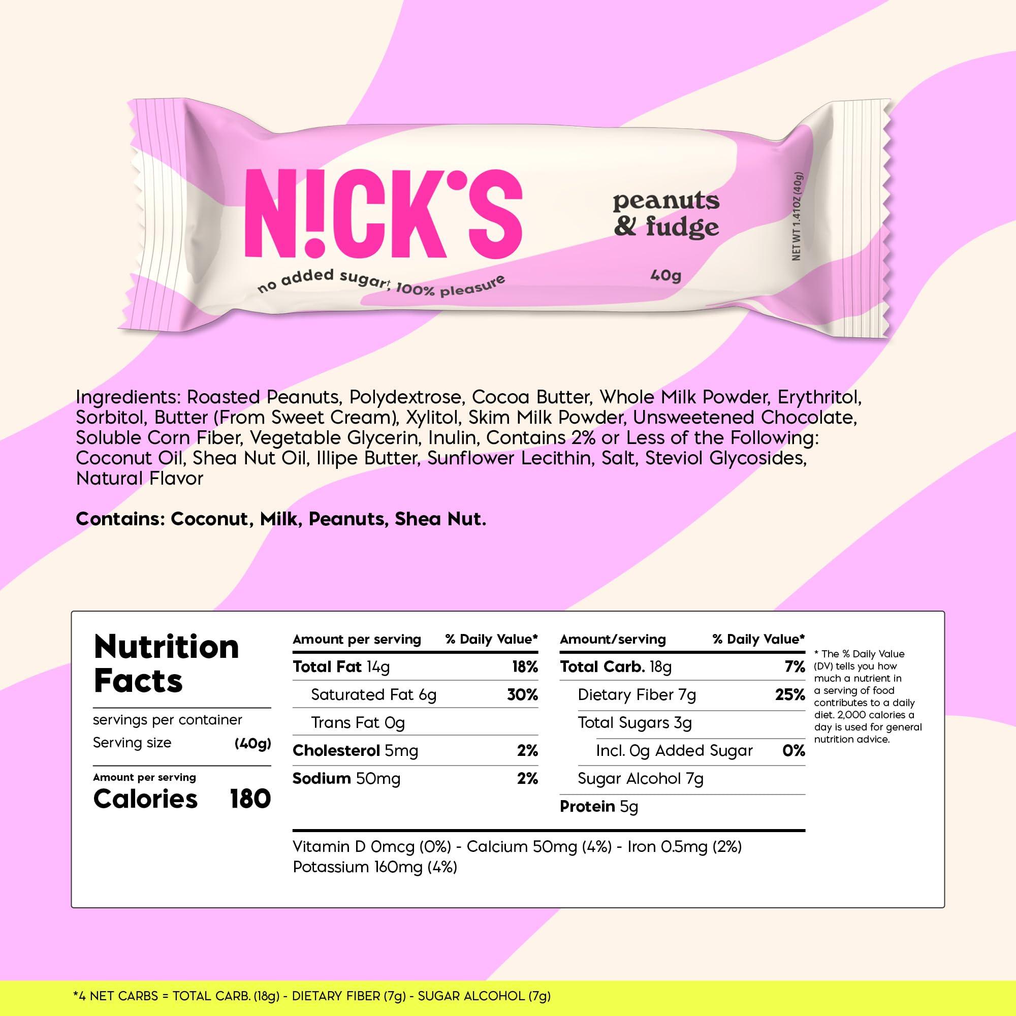 N!CK\'S NICKS Peanuts n fudge Keto Chocolate Candy Bars No Added Sugar 180 Calories, 3.0 Net carbs, Gluten Free Sweets Low carb Candy Snack Bar (Multipack 15x40g)