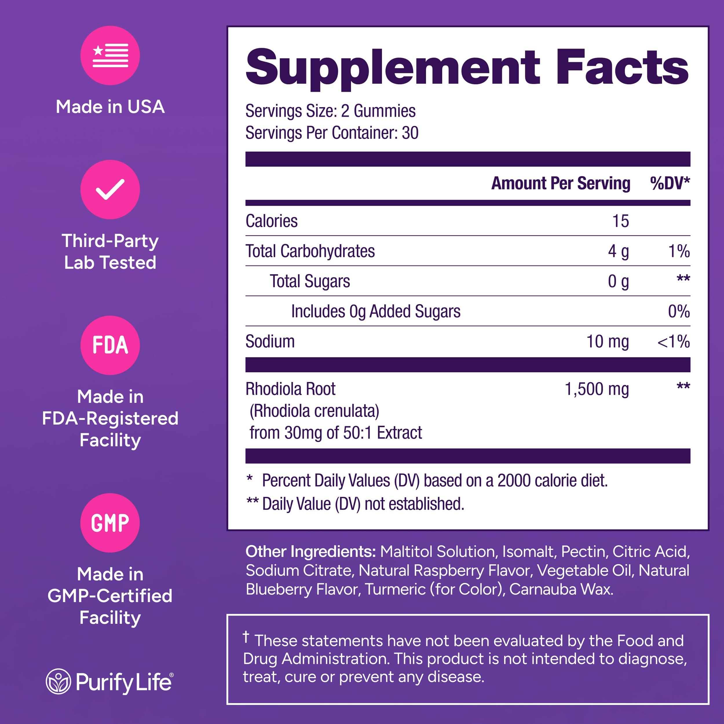 Purify Life Sugar-Free Rhodiola Rosea Gummies (1500mg/Serving) Adaptogenic Rhodiola Rosea Supplement & Cortisol Blocker for Performance, Stamina, Mood & Motivation - Non-GMO, 60 Vegan Chews, No Capsules or Pills