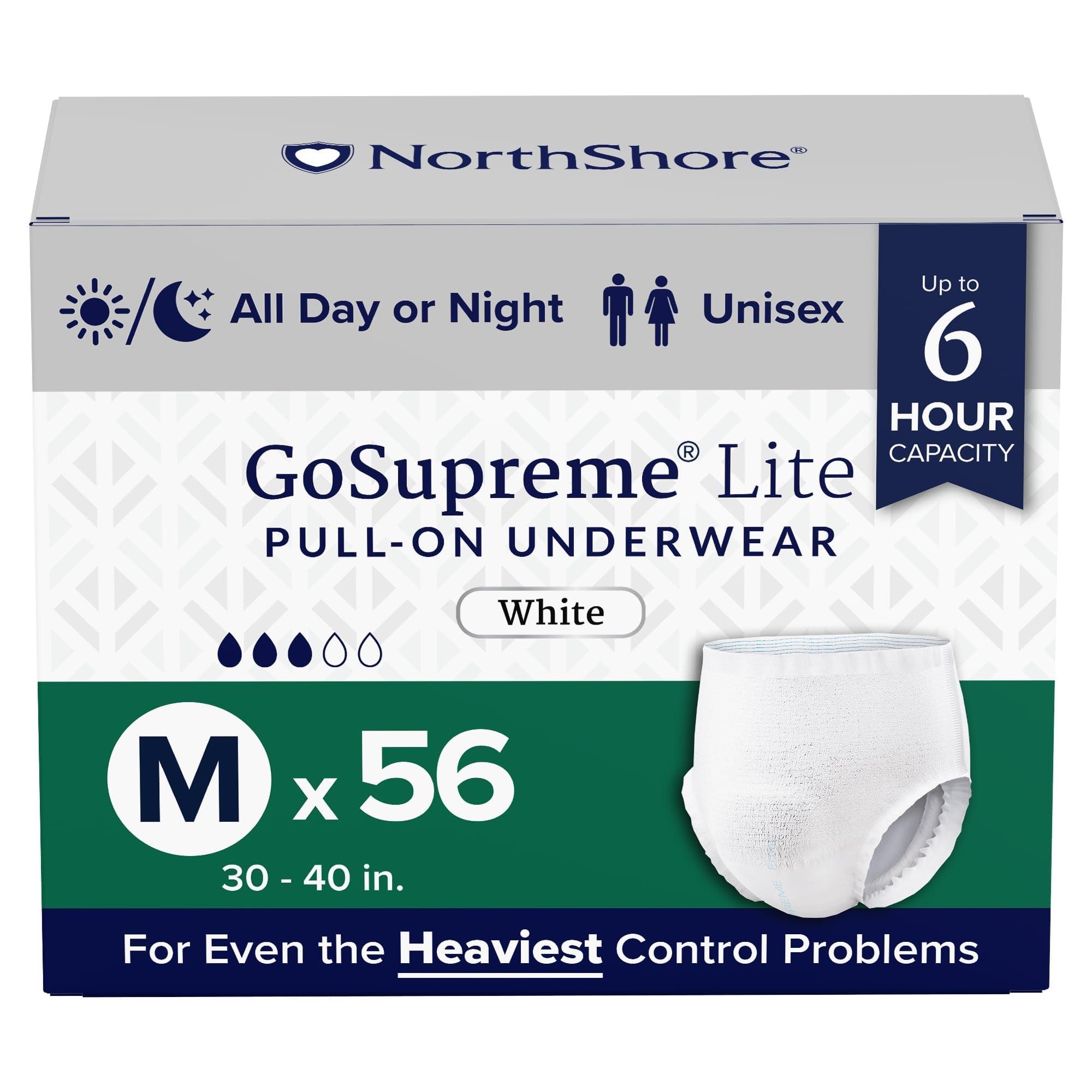 NorthShore NorthShore GoSupreme Lite Incontinence Underwear, 6-Hour Pullup Style, Medium, 56 Count Case, White, 30-40 inches, Unisex Adult Diapers