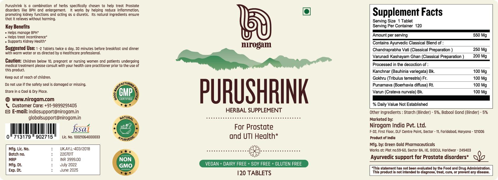 Nirogam Nirogam Purushrink Prostate Health Supplement for Men | Support Better Sleep and Urinary Health | Natural Ayurvedic Formula 120 Tablets