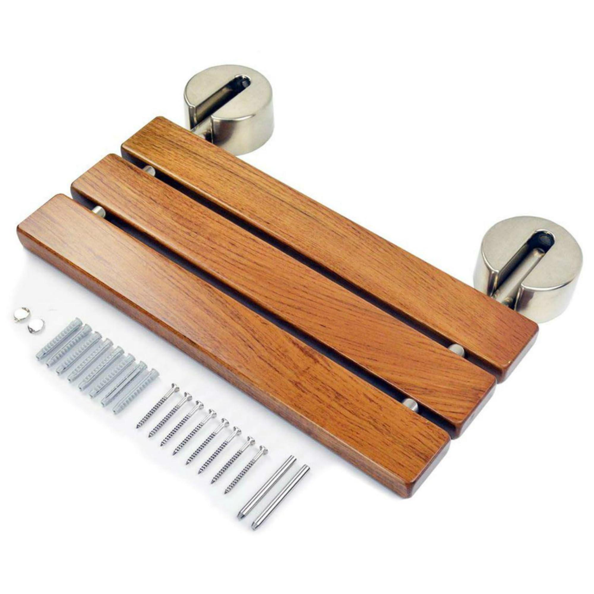 SNYUAN 20" Modern Solid Teak Wood Folding Shower Seat Bench Brushed Wall Mounted Shower Bench Bathtub Seat Fold Down Spa Bench