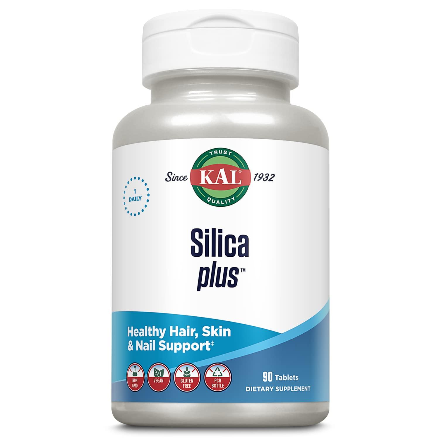KAL KAL Silica Plus, Silica Gel with Horsetail Extract, Healthy Hair, Skin & Nails Support, Maximum Absorption, Vibrant Hair, Glowing Skin Supplement, Vegan, Gluten Free, 90 Serv, 90 Quick Dissolve Tabs