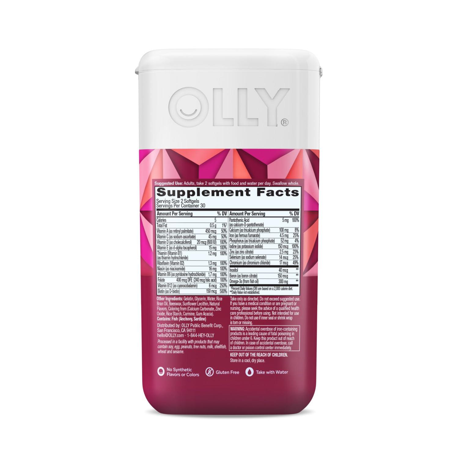 OLLY Olly Ultra Women\'s Multi Softgels, Overall Health and Immune Support, Omega-3s, Pink, 60 Count