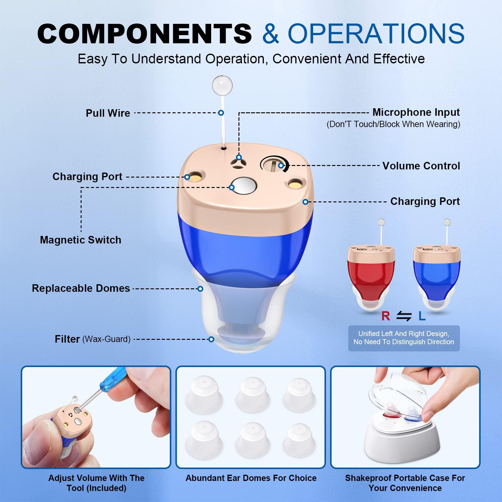 RUYIOER Rechargeable Hearing Aids for Seniors, In-Ear Digital Hearing Aids, Sound Amplifier with Noise Cancellation, Sound Controller for Adults with Hearing Loss, with Portable Charging Case (Red/Blue)