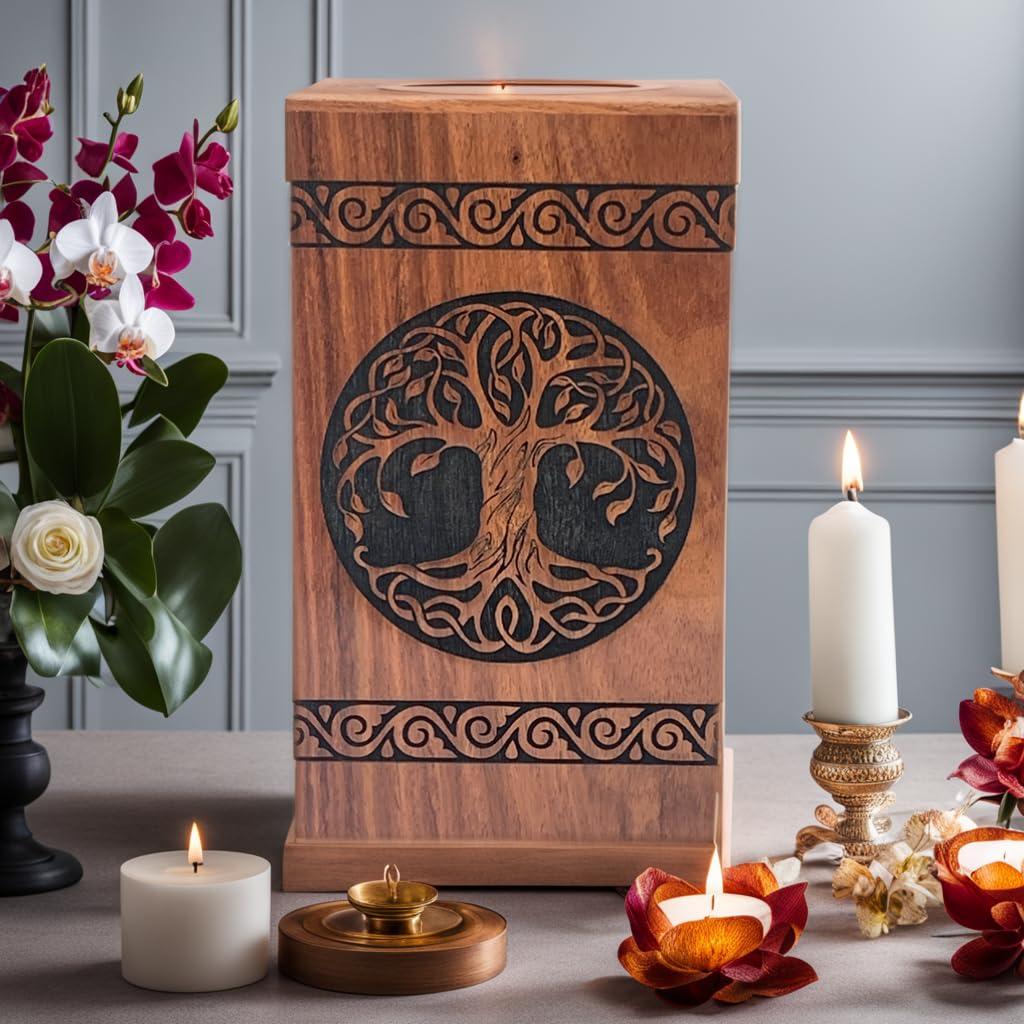 Prime Art Prime Art Wooden Urns for Human Ashes Tree of Life Urns Cremation Urns for Adult Ashes Funeral Urns Wooden Pet Urn Wooden Urn Box (Tree of Life Black, (Small - 8\" Hx4.75 W (115 Cu/in))