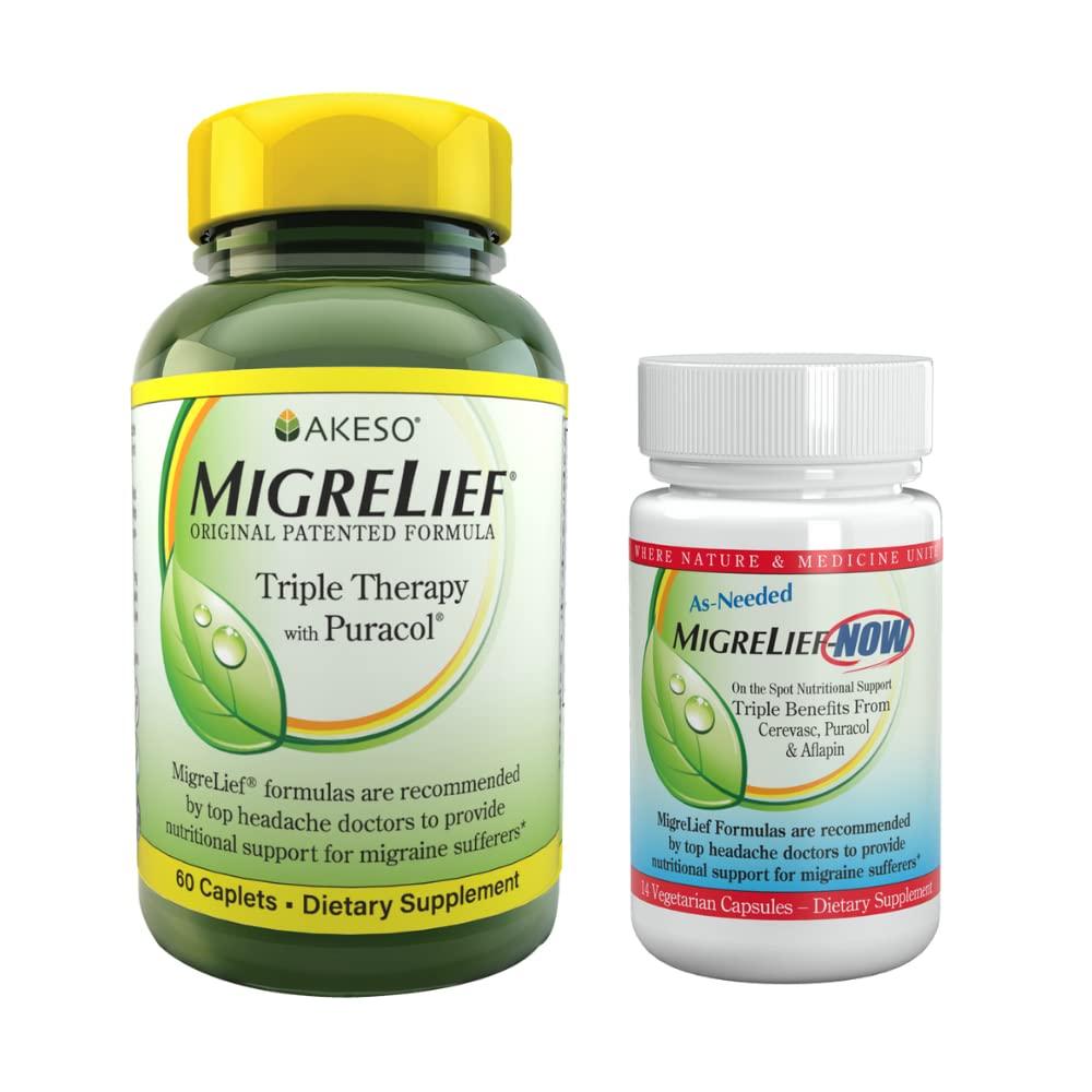 MigreLief MigreLief® Nutritional Support Kit for Migraine & Headache Sufferers Original Daily Formula Now Fast-Acting/As-Needed Formula - Supplement Bundle Pack - 1 Month Supply