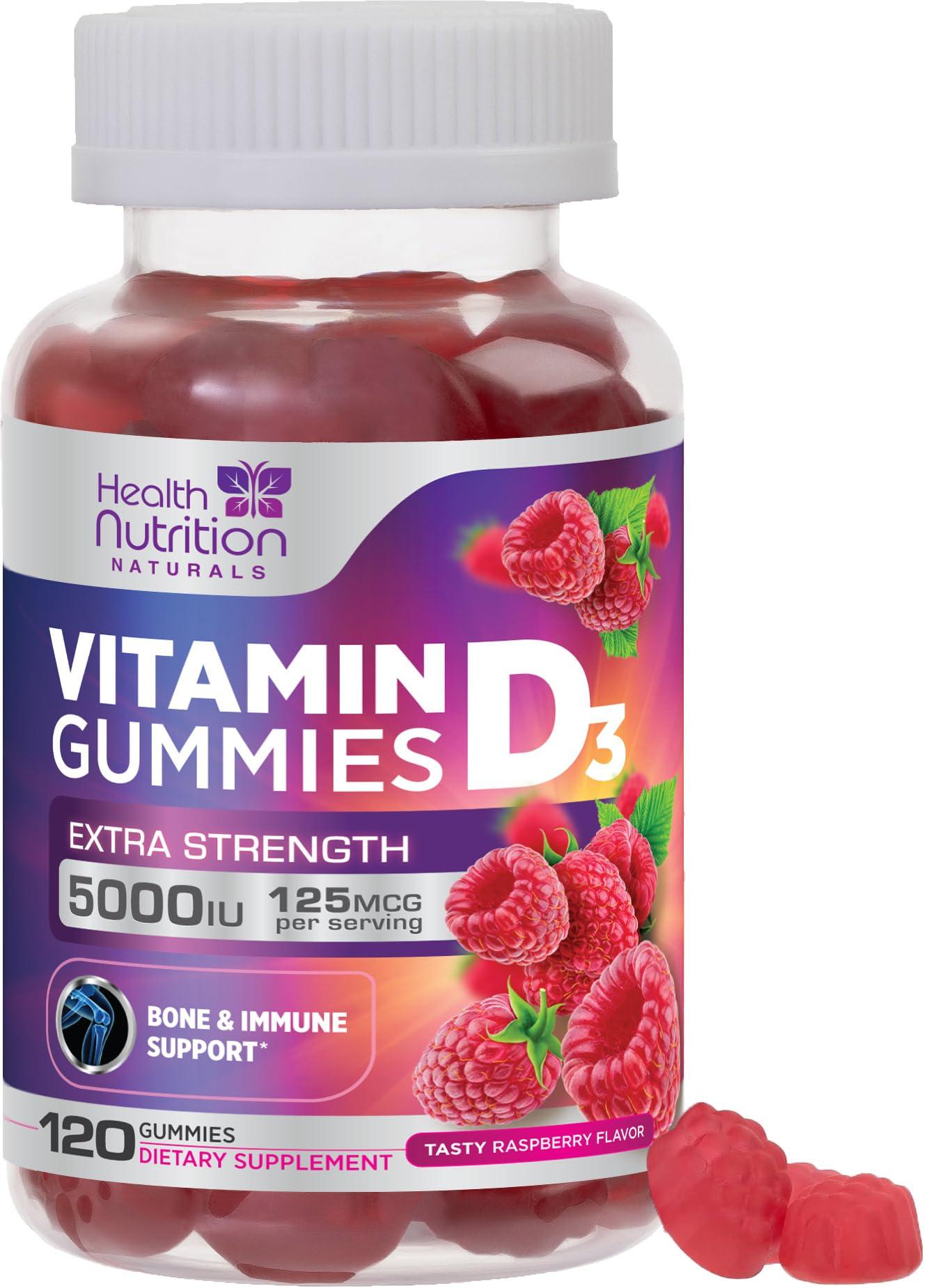 Health Nutrition Naturals Vitamin D3 Gummies Extra Strength 5000 IU (125 mcg) - Bone, Teeth, Muscle & Immune Support Vitamin D Gummy Dietary Supplement, Nature\'s Berry Vitamin D Supplement, Non-GMO - 120 Gummies