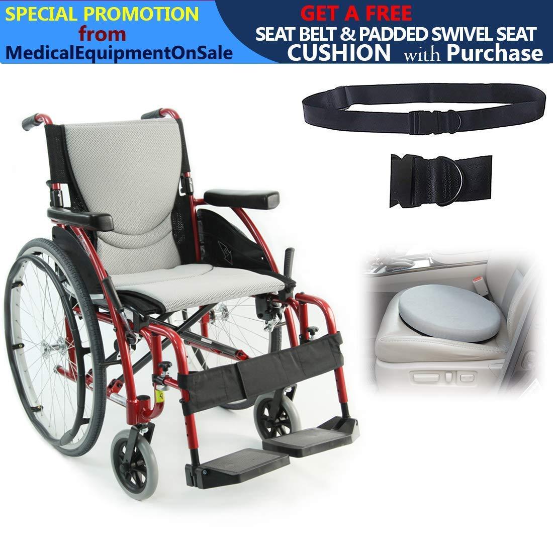 Karman Healthcare Karman S-Ergo 115 Ultra Lightweight Ergonomic Wheelchair, Fixed Release Rear Wheel Axle, 16" Seat Width in Red & Free Padded Swivel Seat Cushion + Black Wheelchair Seatbelt!