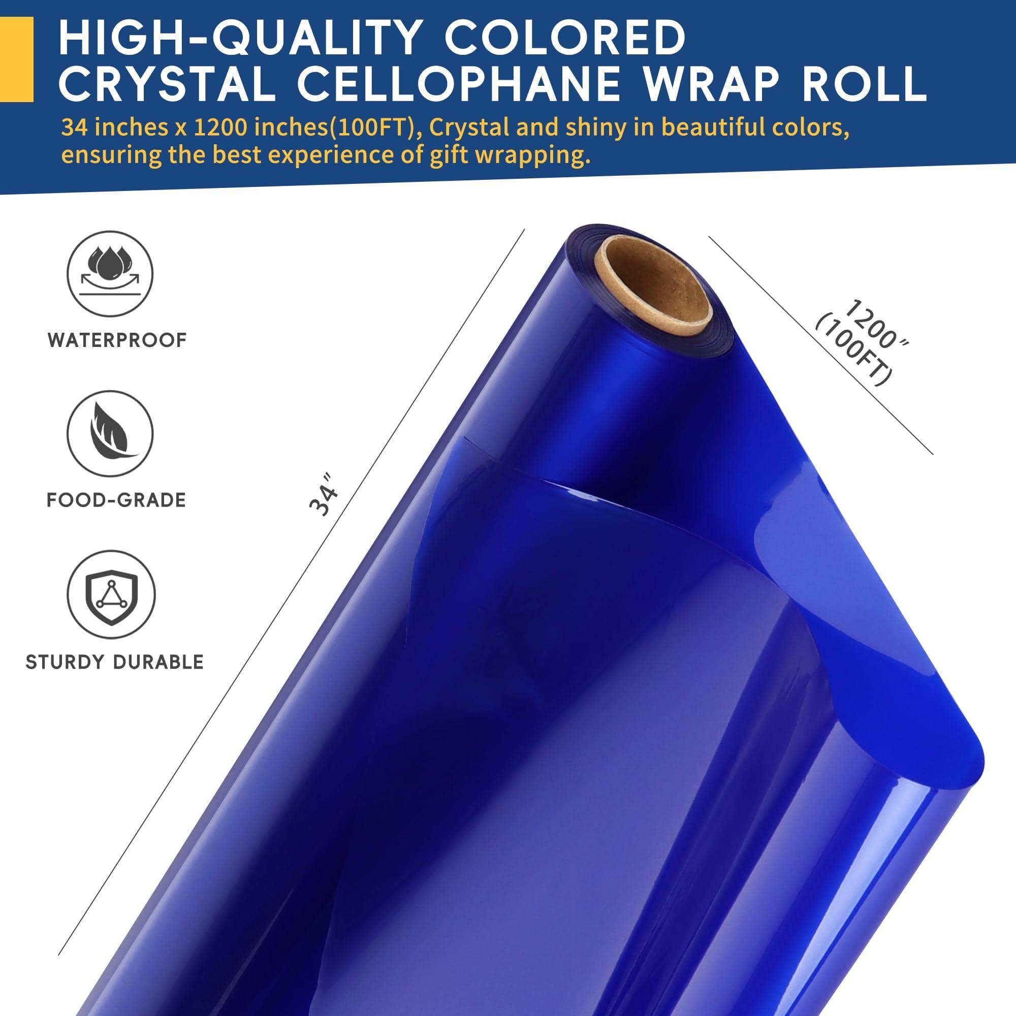 POPGIFTU POPGIFTU Blue Cellophane Wrap Roll | Unfolded 34in Wide X 100ft Long | 3Mil Thick Blue Transparent Paper | Gifts, Baskets,Treats, Cellophane Roll Blue | Colored Cellophane Roll