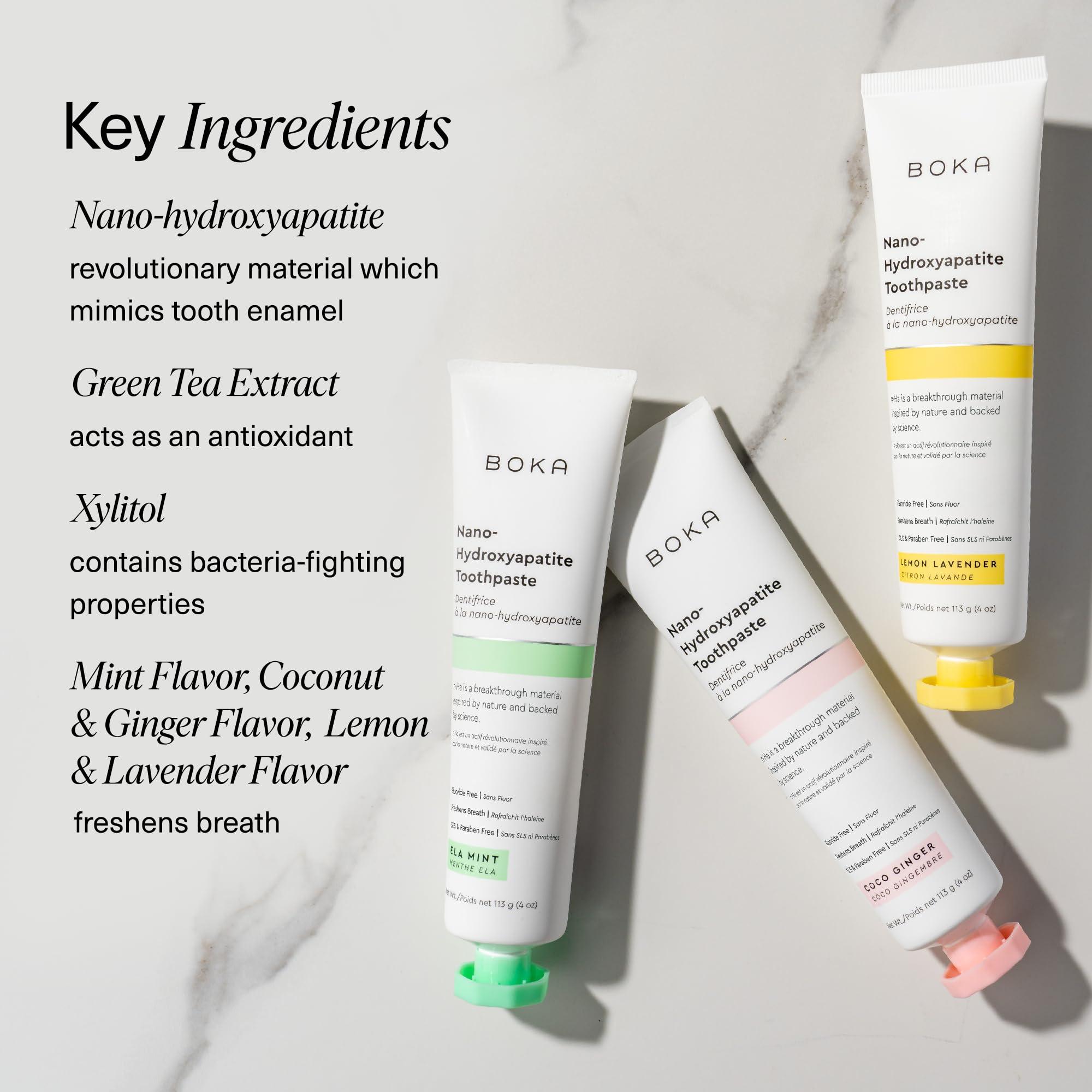 Boka Boka Fluoride Free Toothpaste Nano Hydroxyapatite, Helps Remineralize, Appropriate for Sensitive Teeth, Whitening - for Adult, Kids Oral Care - Ela Mint, Coco Ginger, Lemon Lavender Flavor, 3 Pieces