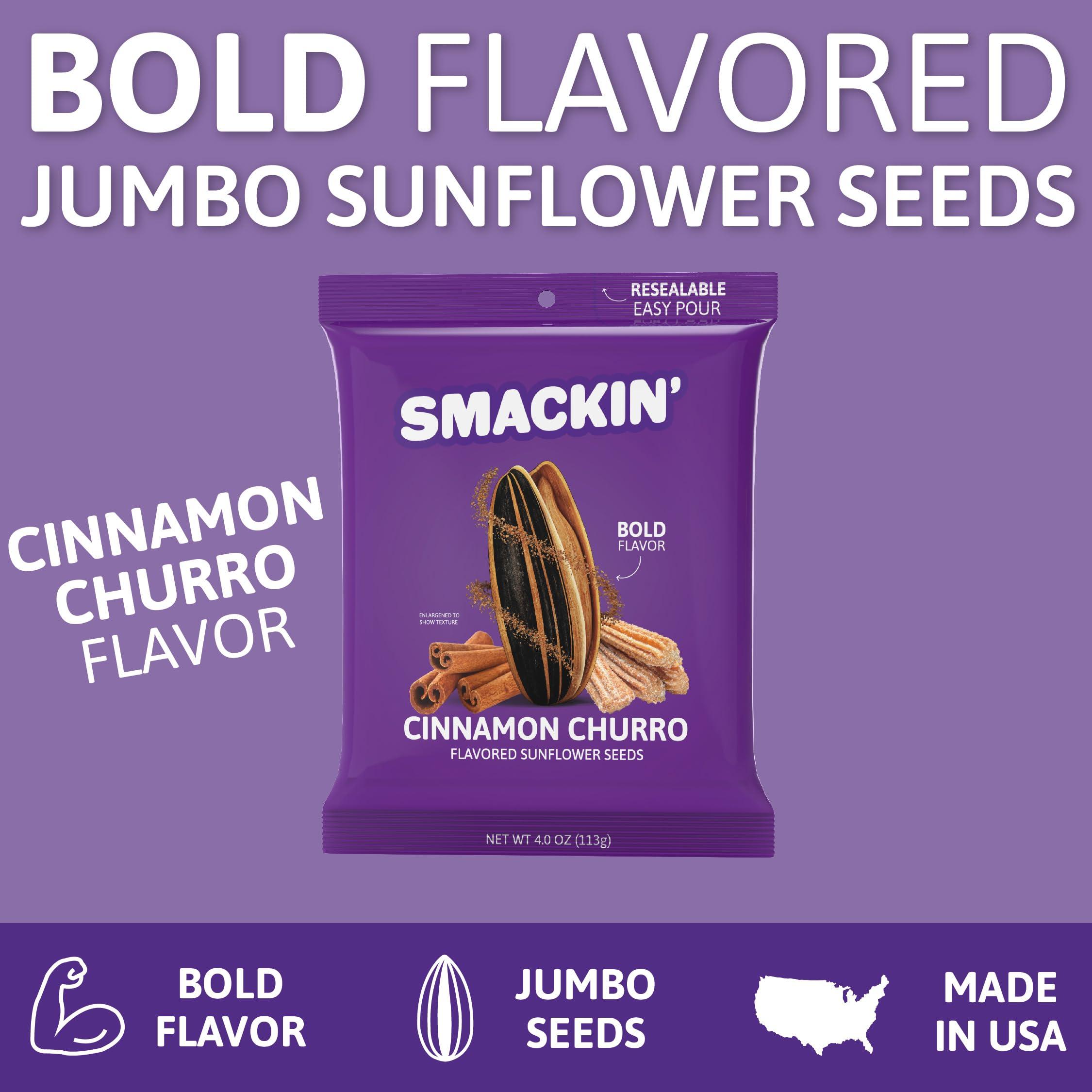 SMACKIN\' Sunflower Seeds SMACKIN\' Sunflower Seeds, Roasted Jumbo Small-Batch, American Made - Cinnamon Churro. 4oz bags (12 Pack)