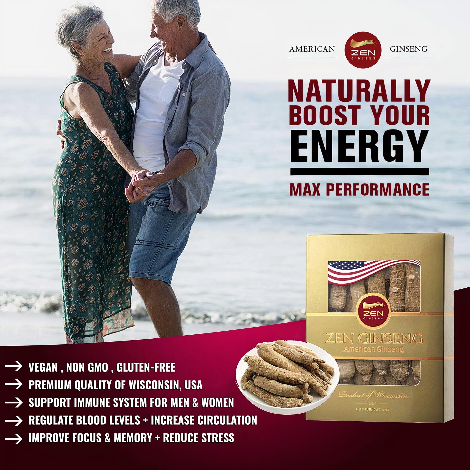 Zen Ginseng 1 Box of American Wisconsin Ginseng Super Long Jumbo Root (4oz) Performance & Mental Health for Men & Women