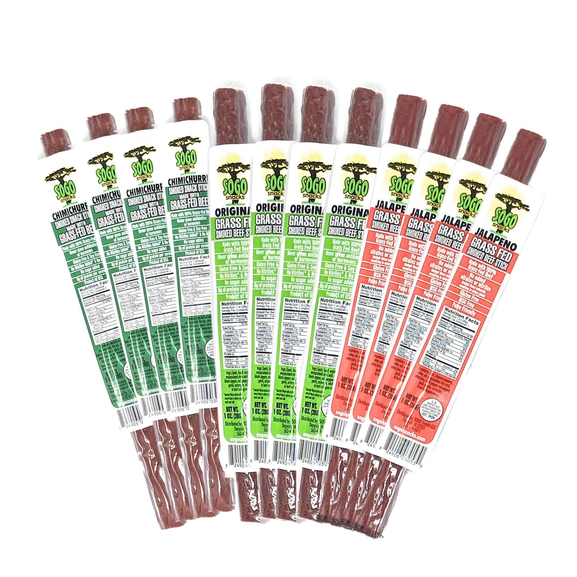 Sogo Snacks Sugar-Free Beef Jerky Variety Pack, 100% Grass Fed Beef Sticks. Non-GMO. No Added Nitrates, Gluten, Soy, MSG, Dairy or Nuts. Paleo, Whole30, Keto Snack. (4 Original, 4 Chimichurri, 4 Jalapeno, 12-Cnt)