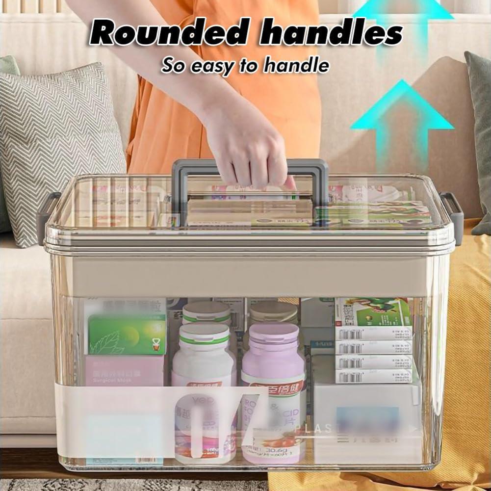 MYBAQ MYBAQ,Medicine Storage Box,Pill Bottle Organizer,Medication Organizer Storage,Medicine Organizer,Transparent Multi-Compartment Organizer with Handle,Medicine Storage for Home (15\"L11.6\"W9\"H) Khaki