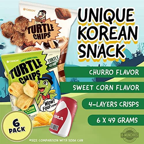 K-Munchies K-Munchies Orion Turtle Chips - 6 Variety Packs, 49g - Churro Chips (3), and Sweet Corn Chips (3) Flavors - Snack Size Korean Chips - Savory, Crispy Korean Snacks - On-The-Go Korean Corn Snack Chips
