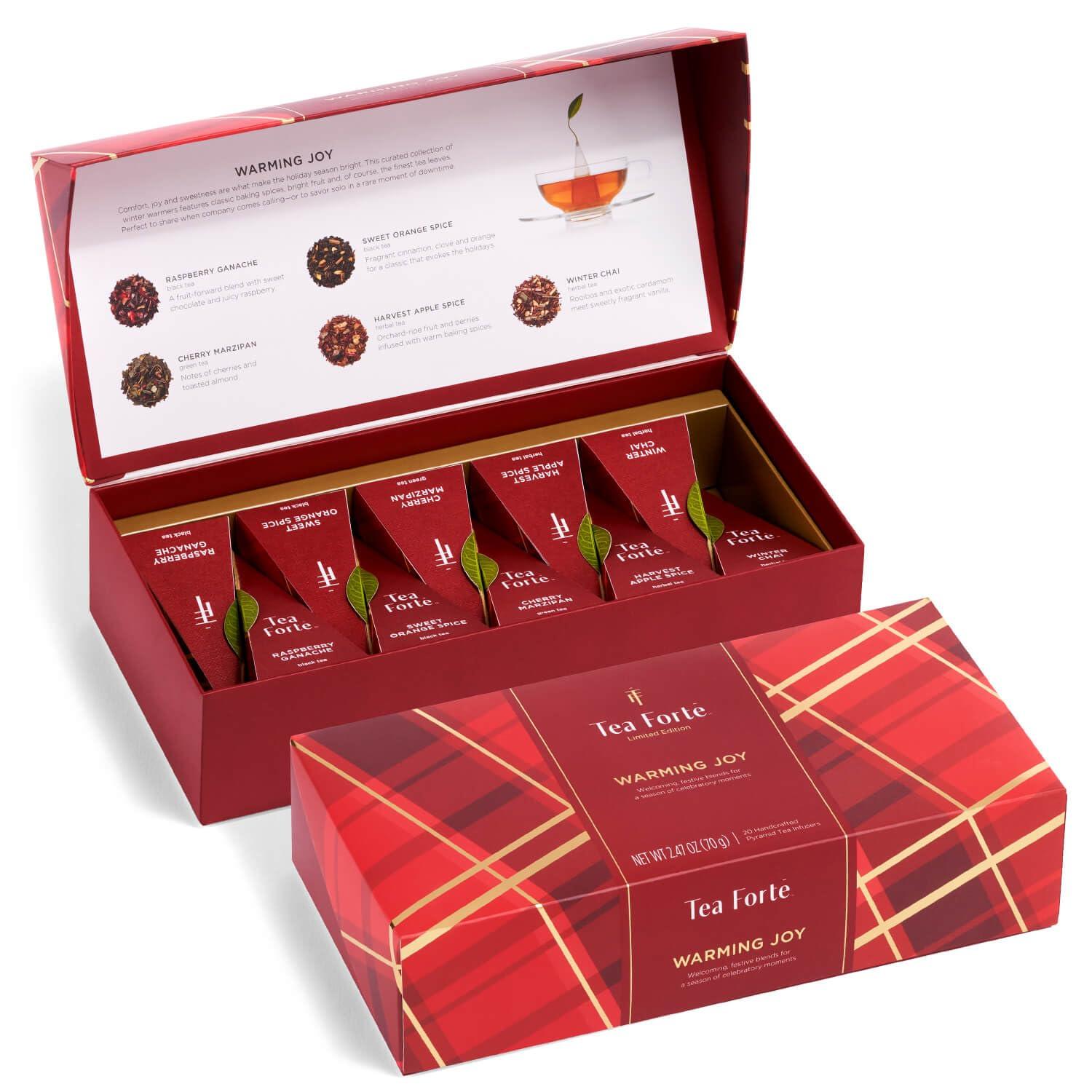 Tea Forte Tea Forte Warming Joy Gift Set, Holiday Spice Tea Sampler with 10 Pyramid Tea Infusers in Petite Presentation Gift Box, Organic Tea Bags Variety Pack