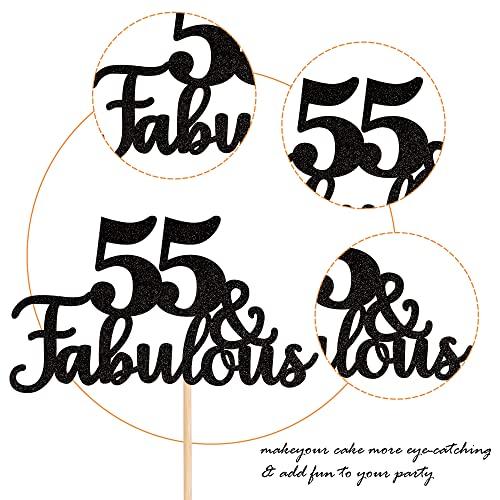ZHUOWEISM 1 PCS 55 & Fabulous Cake Topper Glitter Fifty Five and Fabulous Cake Toppers Happy 55th Birthday Cake Pick for 55th Wedding Anniversary Birthday Party Cake Decorations Supplies Black