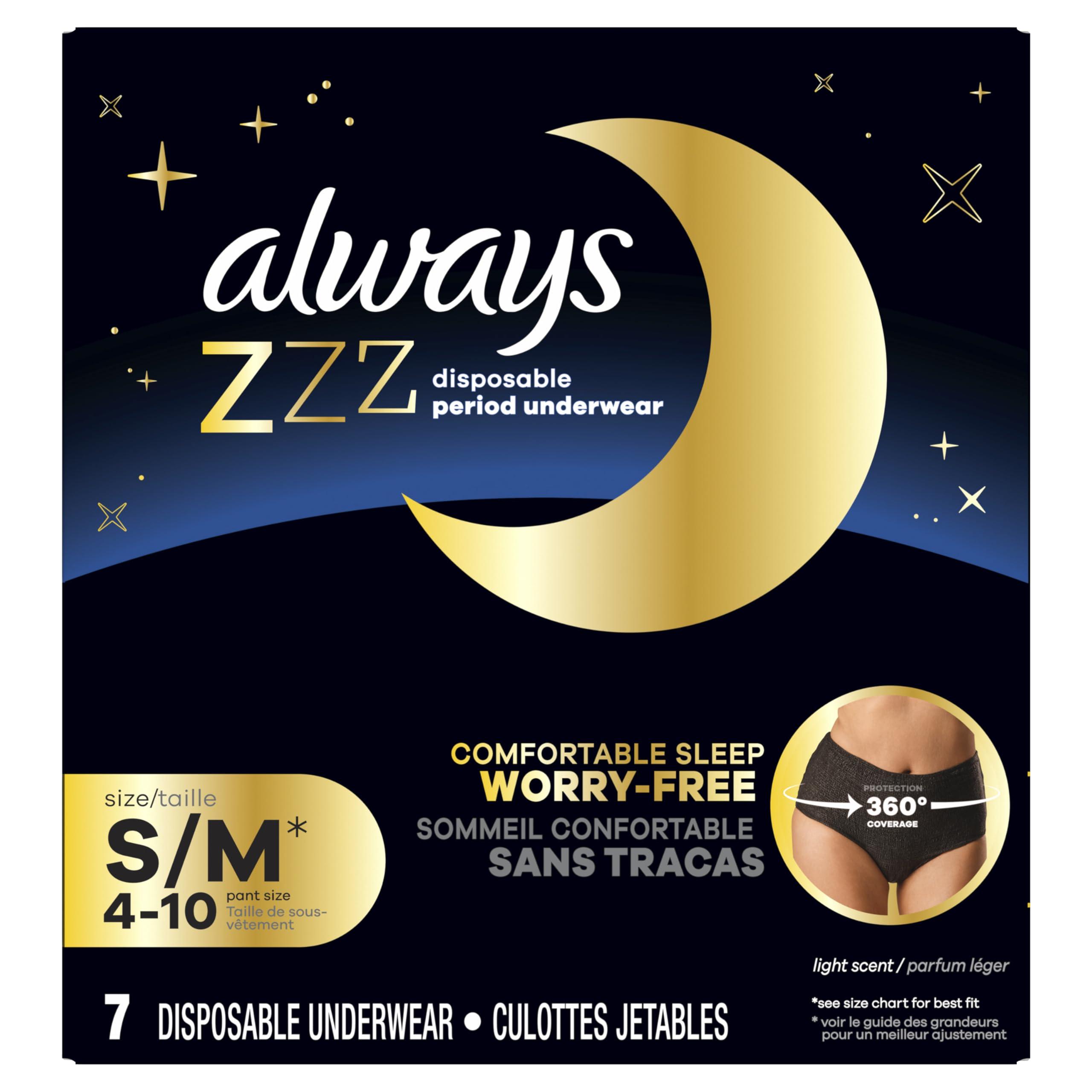 Always Always ZZZs Overnight Disposable Period Underwear for Women, Size S/M, Black Period Panties, Leakproof, 7 Count, Pack of 2 (14 Count Total)