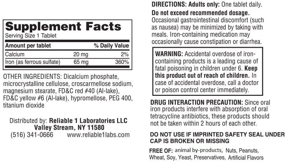 Reliable-1 Laboratories Iron Supplement Ferrous Sulfate 325mg by Reliable 1 | Iron Pills for Women and Men | Iron Supplements for Anemia and Iron Deficiency | 100 Iron Tablets per Bottle