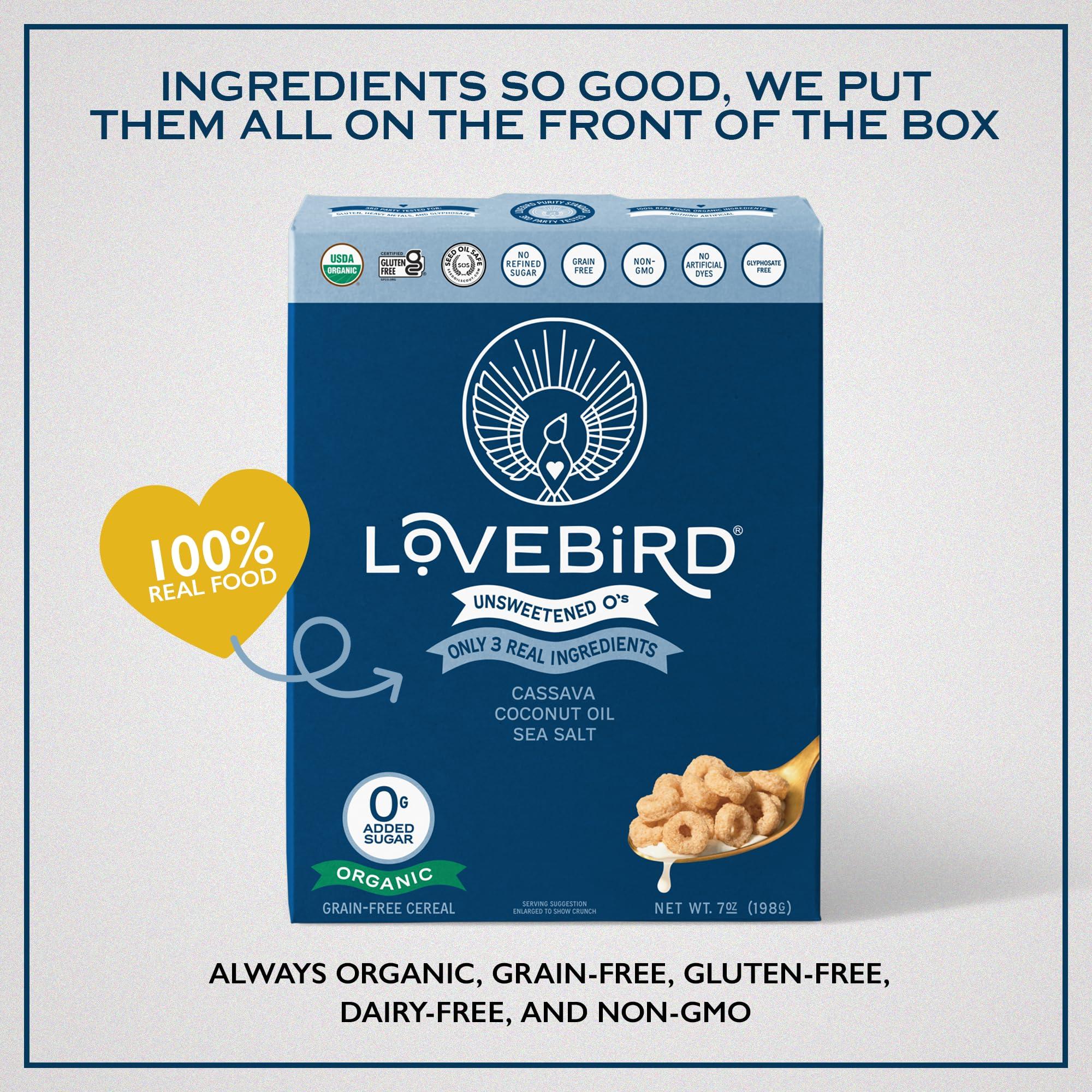 Lovebird Lovebird Gluten & Grain Free Cereal Variety 6 Pack - Organic AIP Food, Paleo Dairy Free, No Refined Sugar Breakfast Cereals | Healthy Snacks for Kids, Adults - Cacao, Honey, Cinnamon, Unsweetened