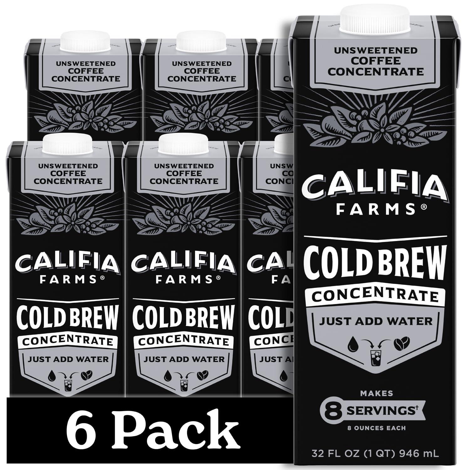 Califia Farms Califia Farms - Unsweetened Cold Brew Coffee Concentrate, 32 Fl Oz (Pack of 6), 100% Arabica, Shelf Stable, Plant Based, Vegan, Gluten Free, Non GMO, Sugar Free, Iced Coffee
