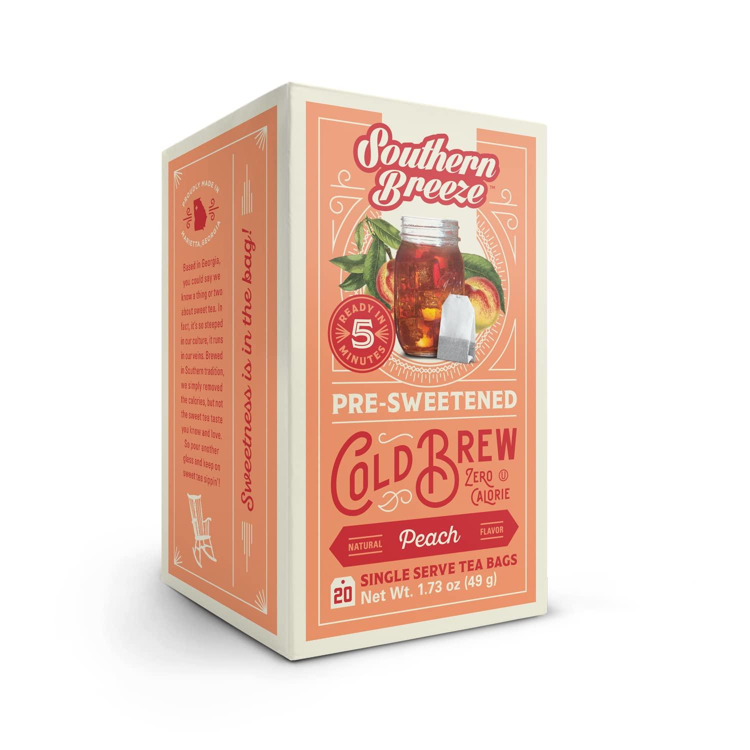 Southern Breeze Southern Breeze Cold Brew Sweet Tea Peach Iced Tea with Black Tea and Zero Carbs Zero Sugar, 20 Individually Wrapped Tea Bags Southern Sweet Tea Iced Tea Beverage